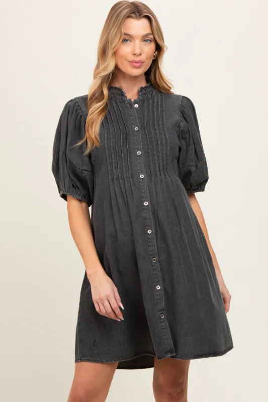 Black Button Down Puff Sleeve Maternity Dress sold by Pinkblush