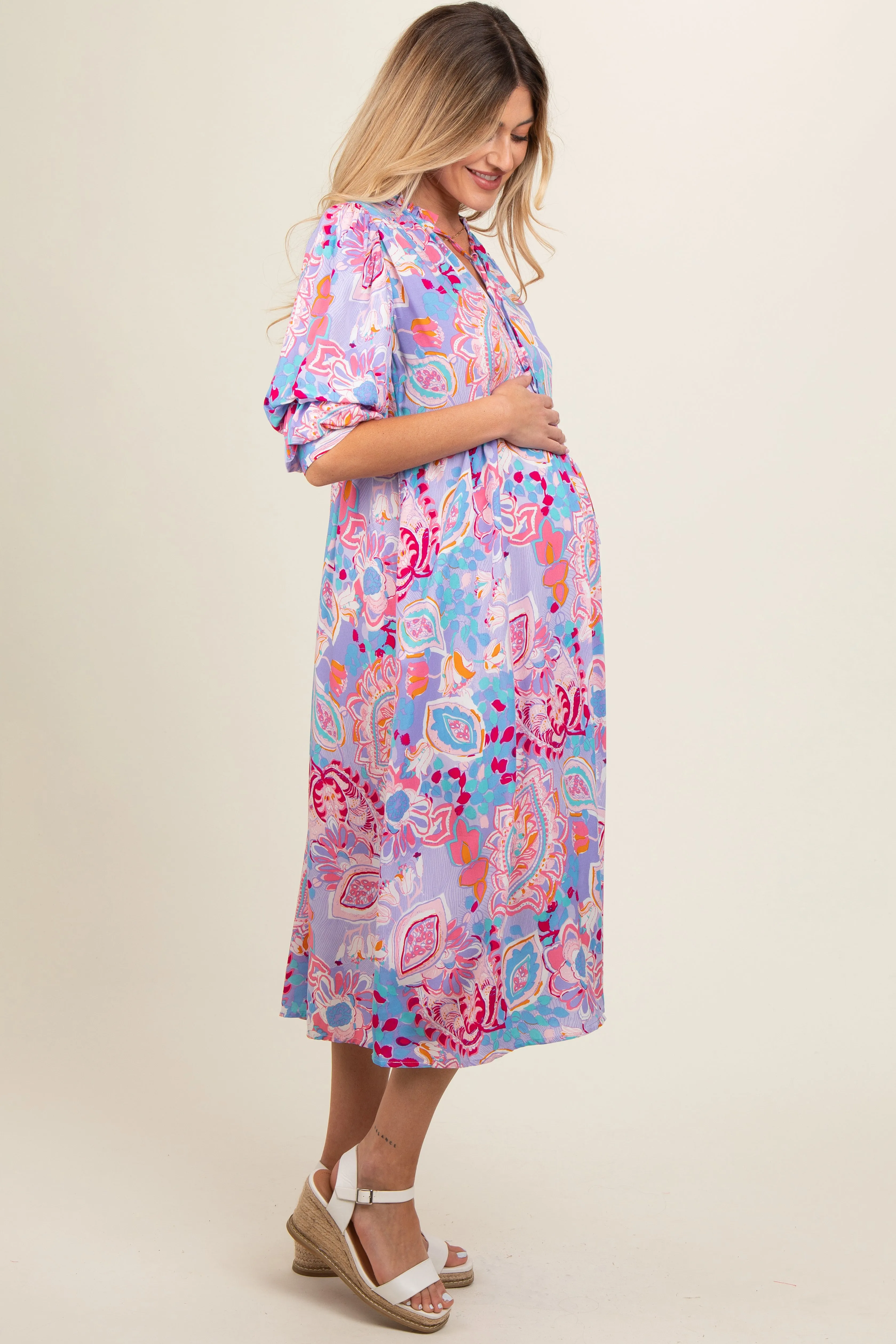 Lavender Paisley Print Tiered A-Line Maternity Midi Dress sold by Pinkblush product image thumbnail 3