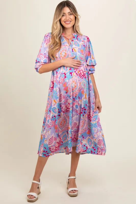 Lavender Paisley Print Tiered A-Line Maternity Midi Dress sold by Pinkblush