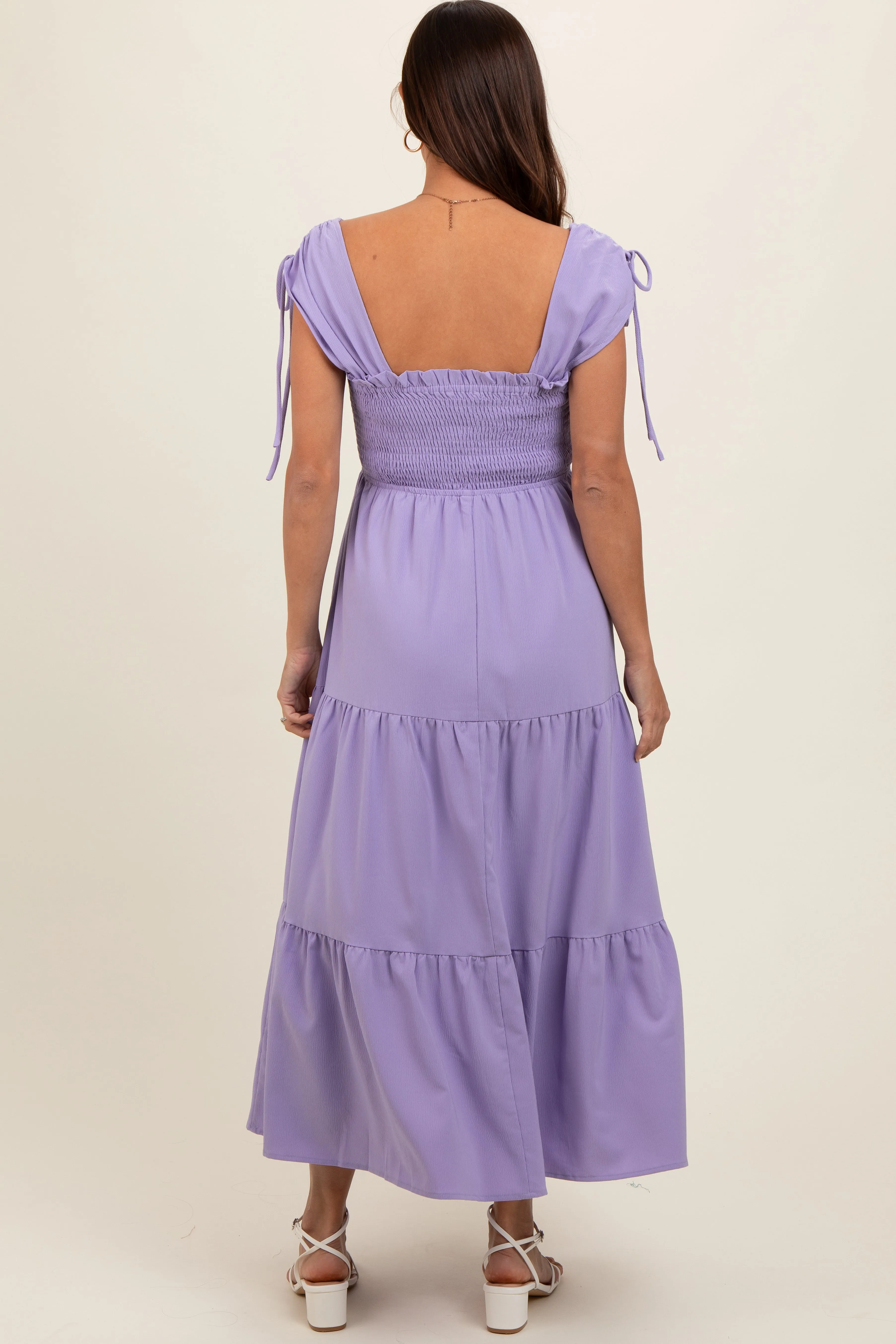 Lavender Smocked Sleeveless Drawstring Shoulder Tiered Maternity Midi Dress sold by Pinkblush product image thumbnail 4