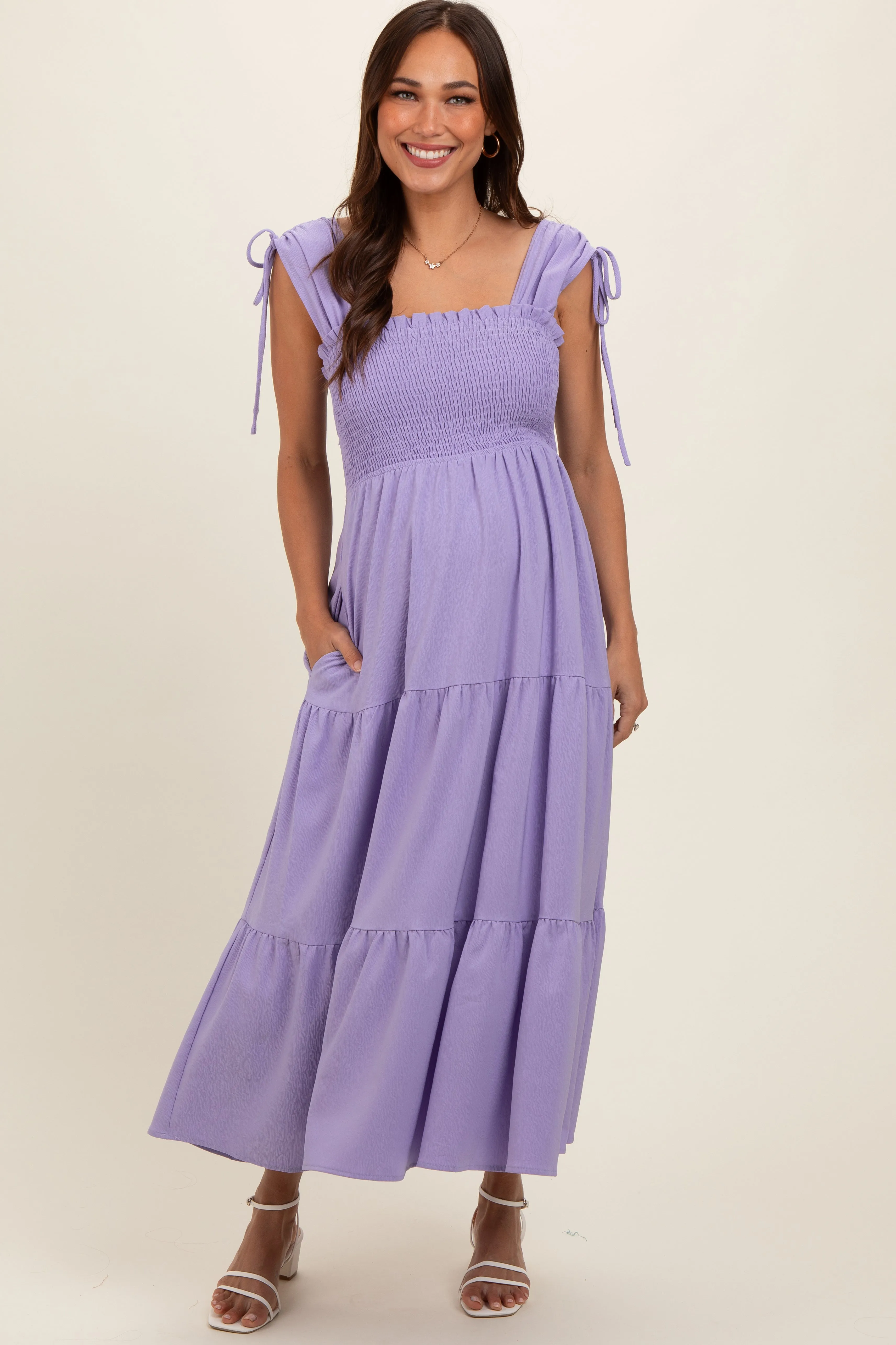 Lavender Smocked Sleeveless Drawstring Shoulder Tiered Maternity Midi Dress sold by Pinkblush