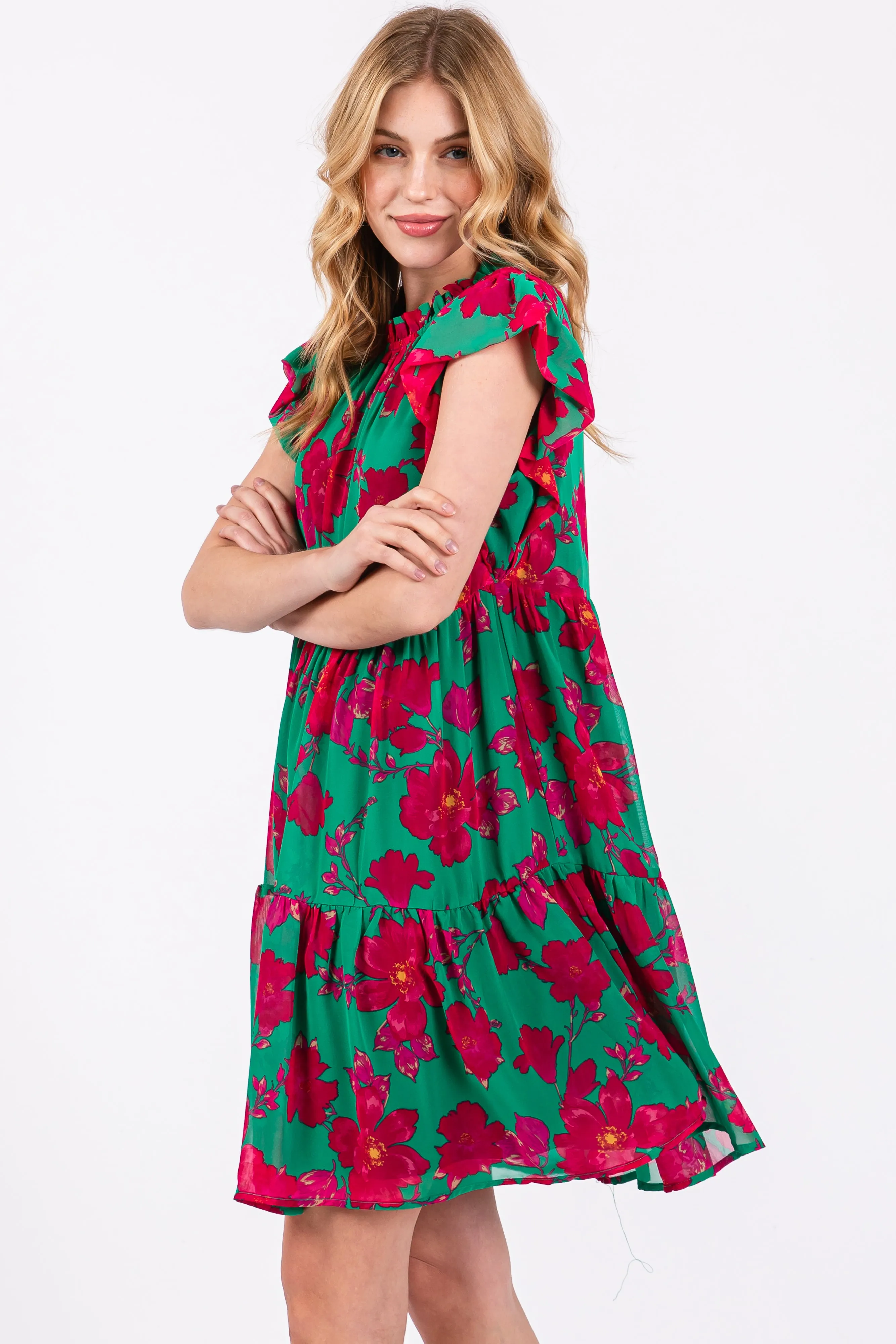 Green Magenta Floral Tiered Mini Dress sold by Pinkblush product image thumbnail 3