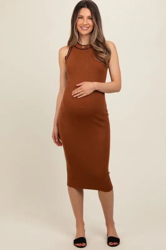 Camel Contrast Stripe Knit Maternity Midi Dress sold by Pinkblush