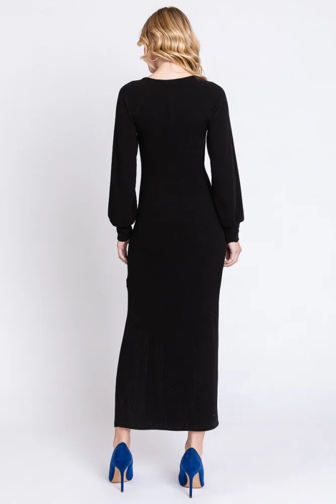 Black Soft Ribbed V-Neck Side Slit Midi Dress sold by Pinkblush product image thumbnail 3