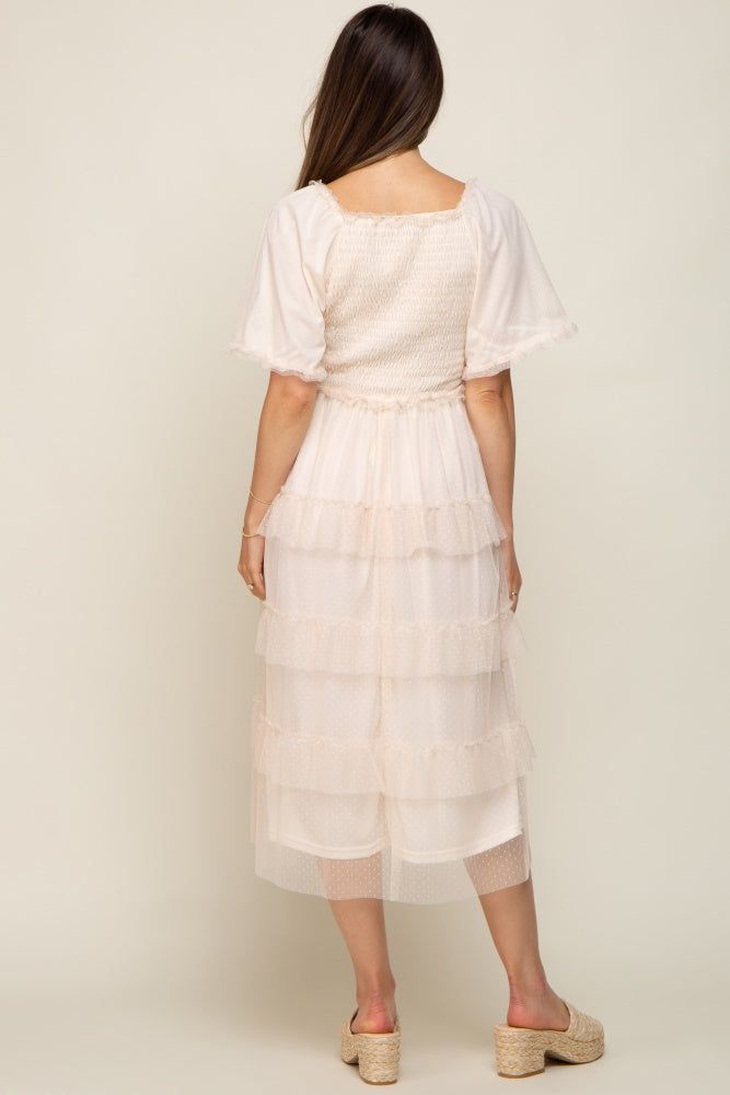 Cream Dot Smocked Ruffle Tiered Maternity Midi Dress sold by Pinkblush product image thumbnail 3