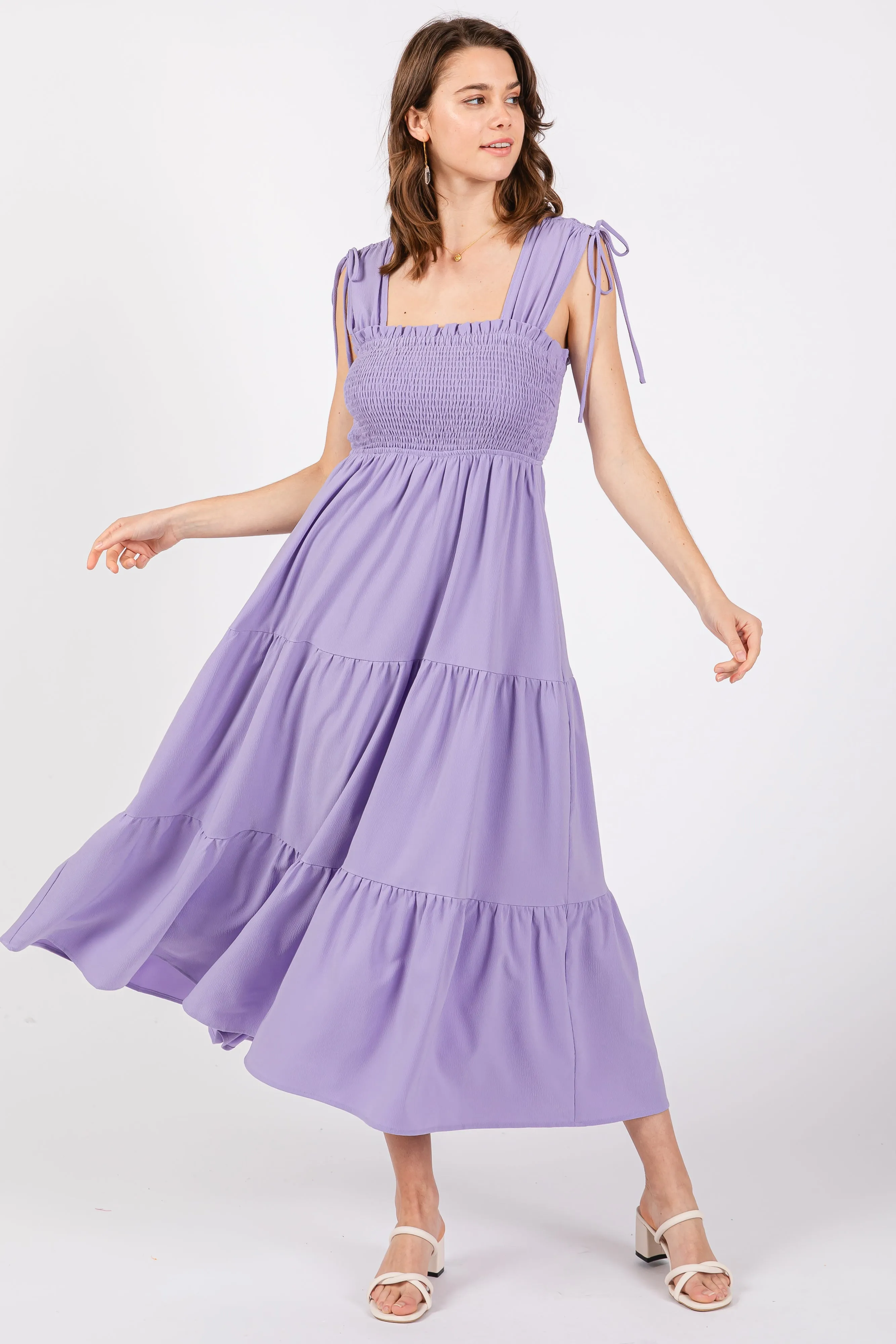 Lavender Smocked Sleeveless Drawstring Shoulder Tiered Maternity Midi Dress sold by Pinkblush product image thumbnail 5