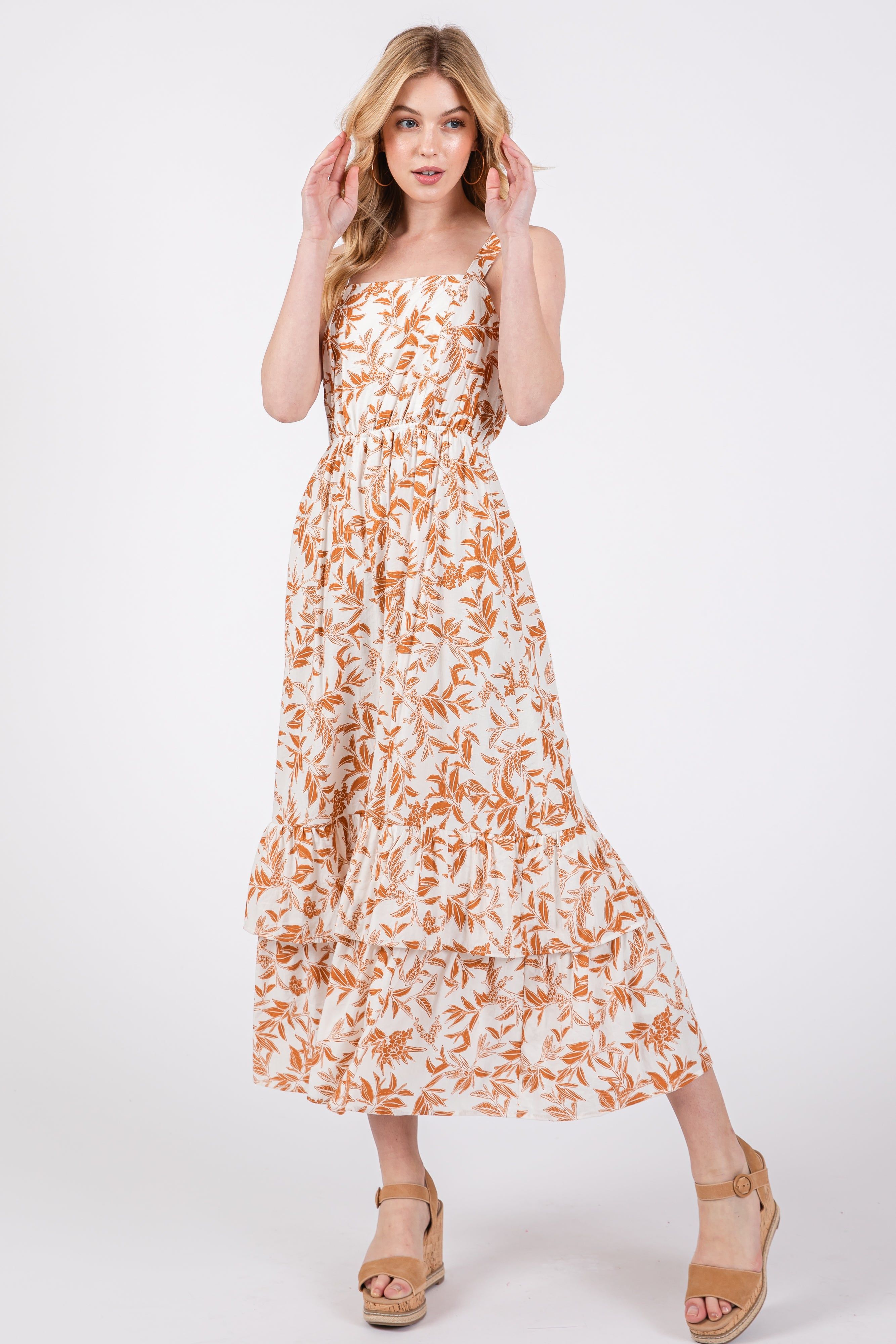 Camel Floral Sleeveless Ruffle Hem Maxi Dress sold by Pinkblush