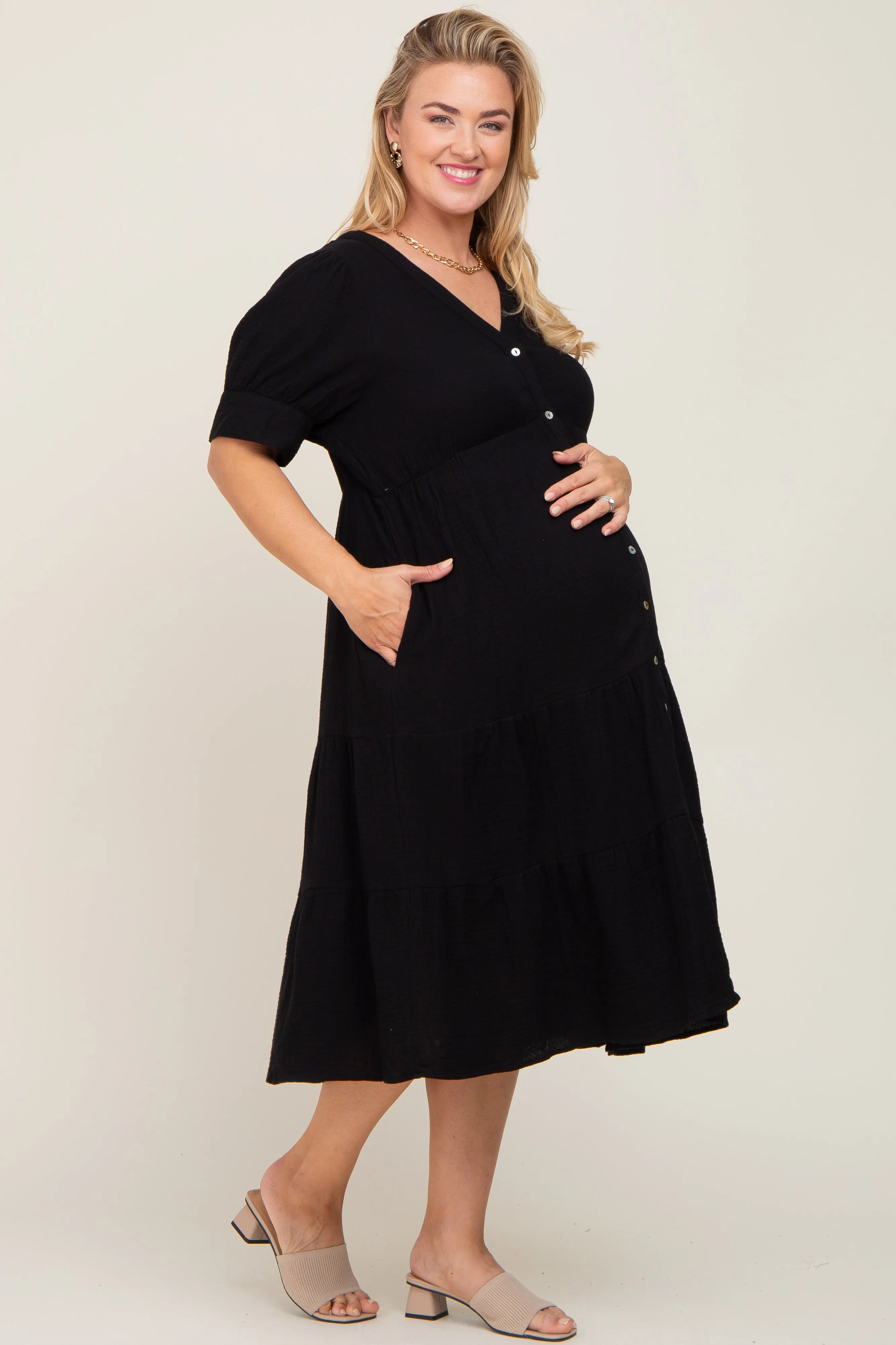 Black Button Down Short Sleeve Plus Maternity Dress sold by Pinkblush product image thumbnail 2