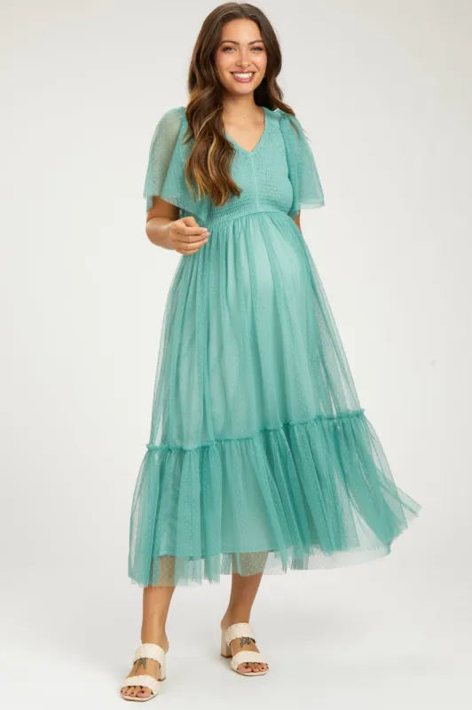 Light Olive Dotted Tulle Smocked Maternity Midi Dress sold by Pinkblush