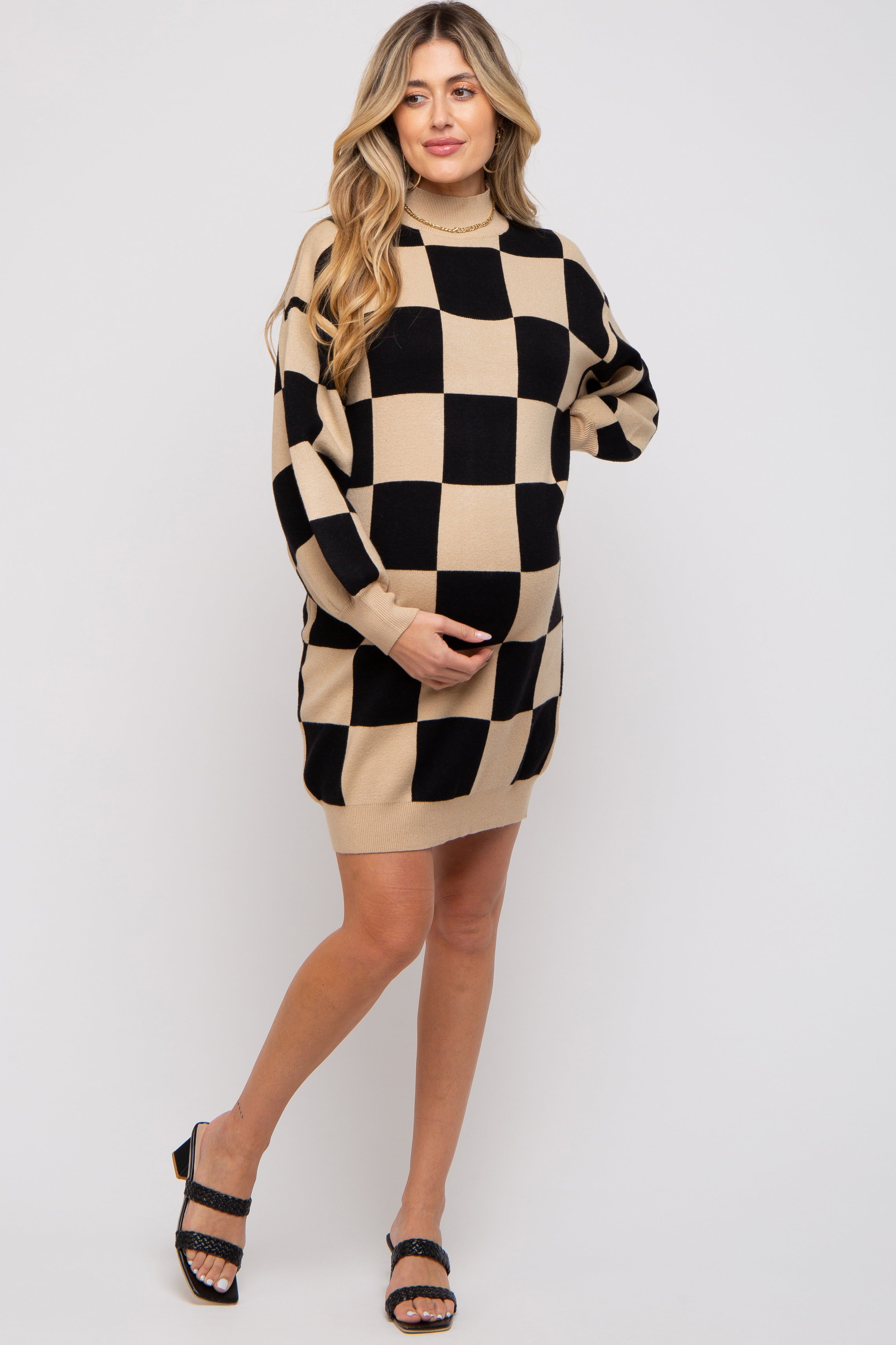Black Checkered Knit Maternity Sweater Dress sold by Pinkblush product image thumbnail 2