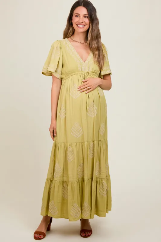Light Olive Embroidered Maternity Maxi Dress sold by Pinkblush