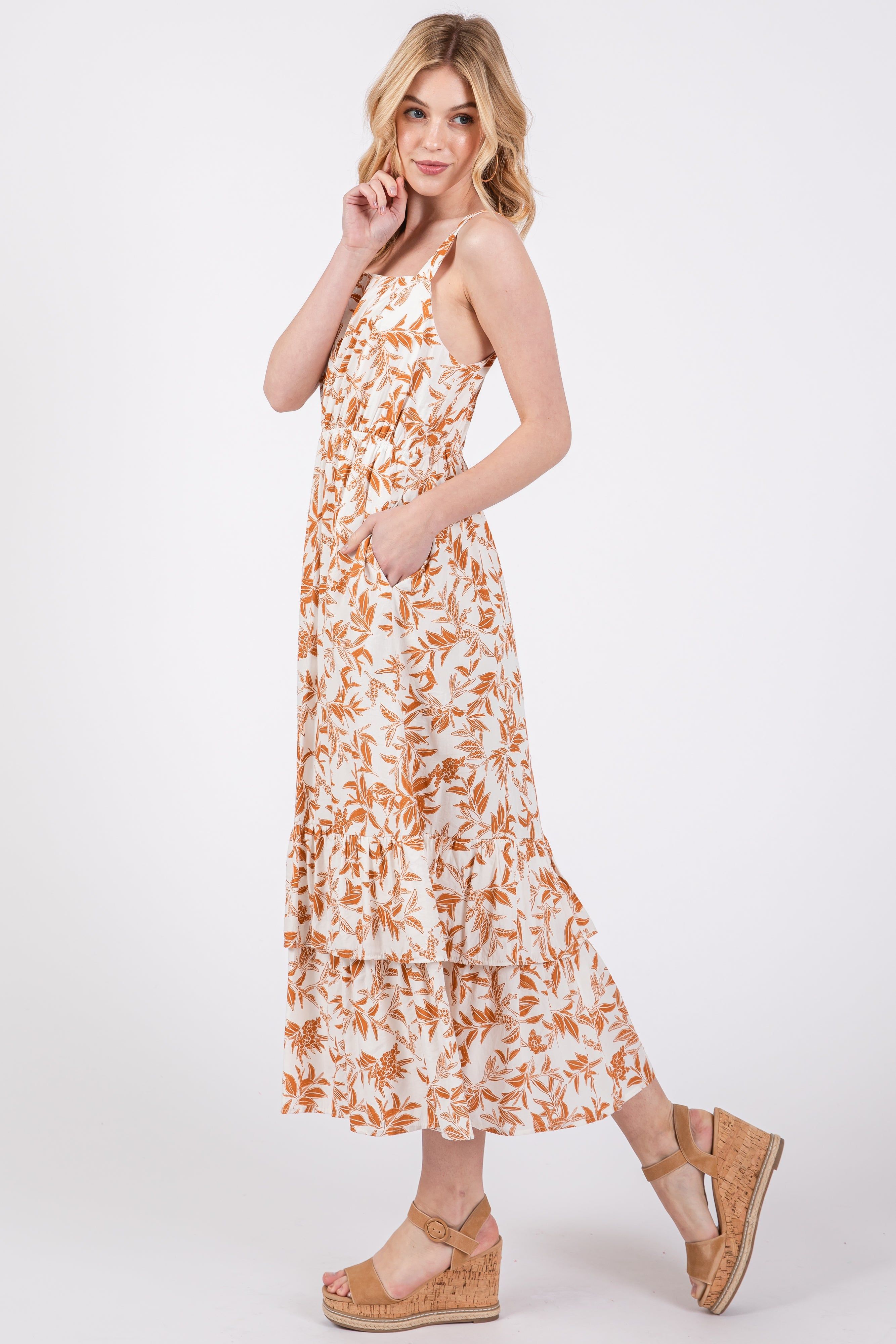 Camel Floral Sleeveless Ruffle Hem Maxi Dress sold by Pinkblush product image thumbnail 2