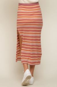 Mauve Striped Knit Side Slit Maternity Midi Skirt sold by Pinkblush