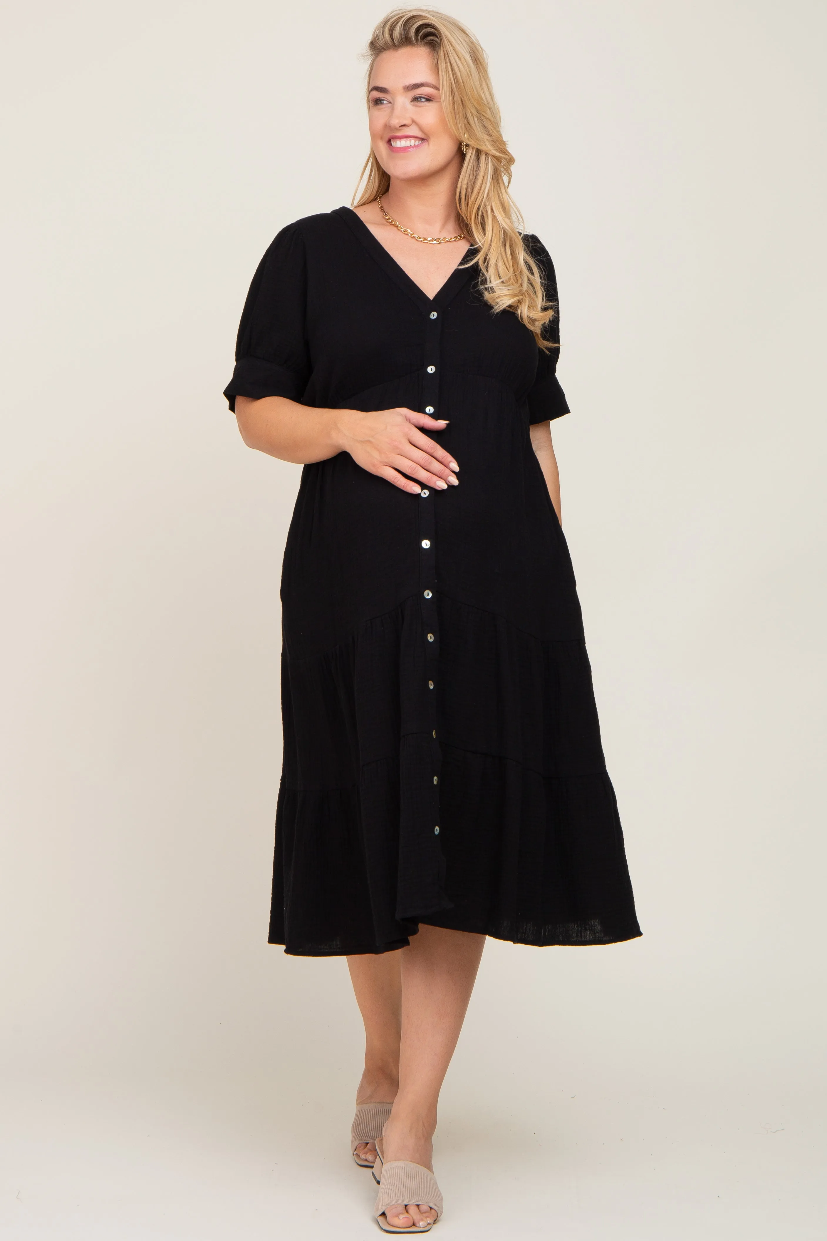 Black Button Down Short Sleeve Plus Maternity Dress sold by Pinkblush product image thumbnail 4