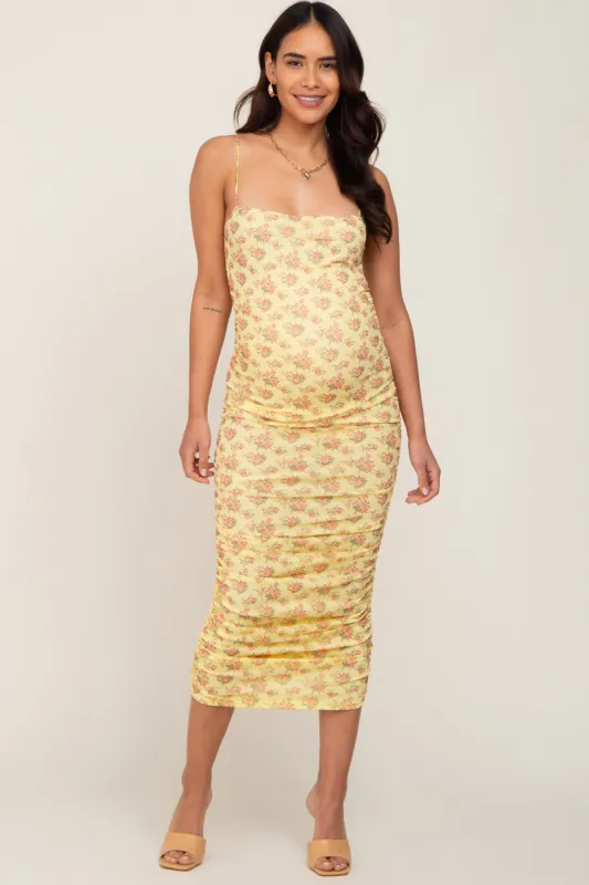 Yellow Mesh Ruched Maternity Fitted Dress sold by Pinkblush