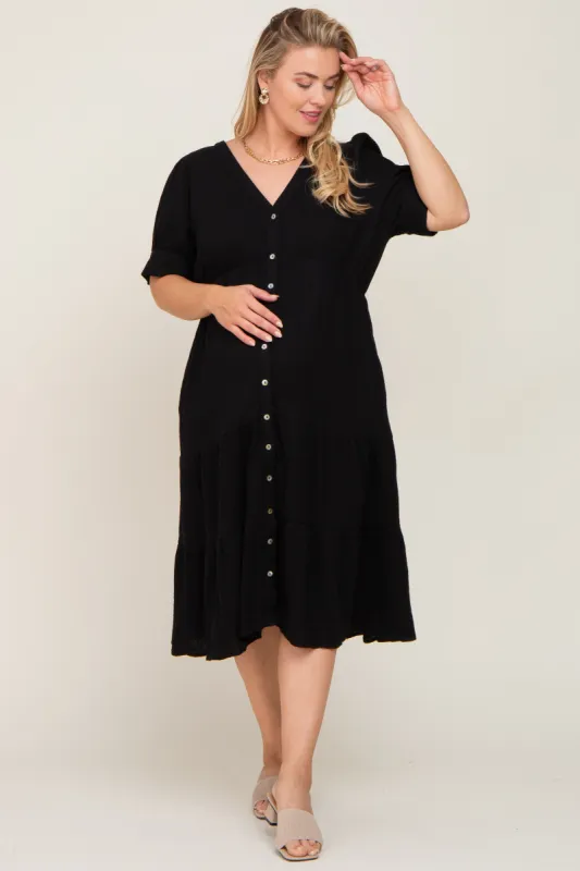 Black Button Down Short Sleeve Plus Maternity Dress sold by Pinkblush
