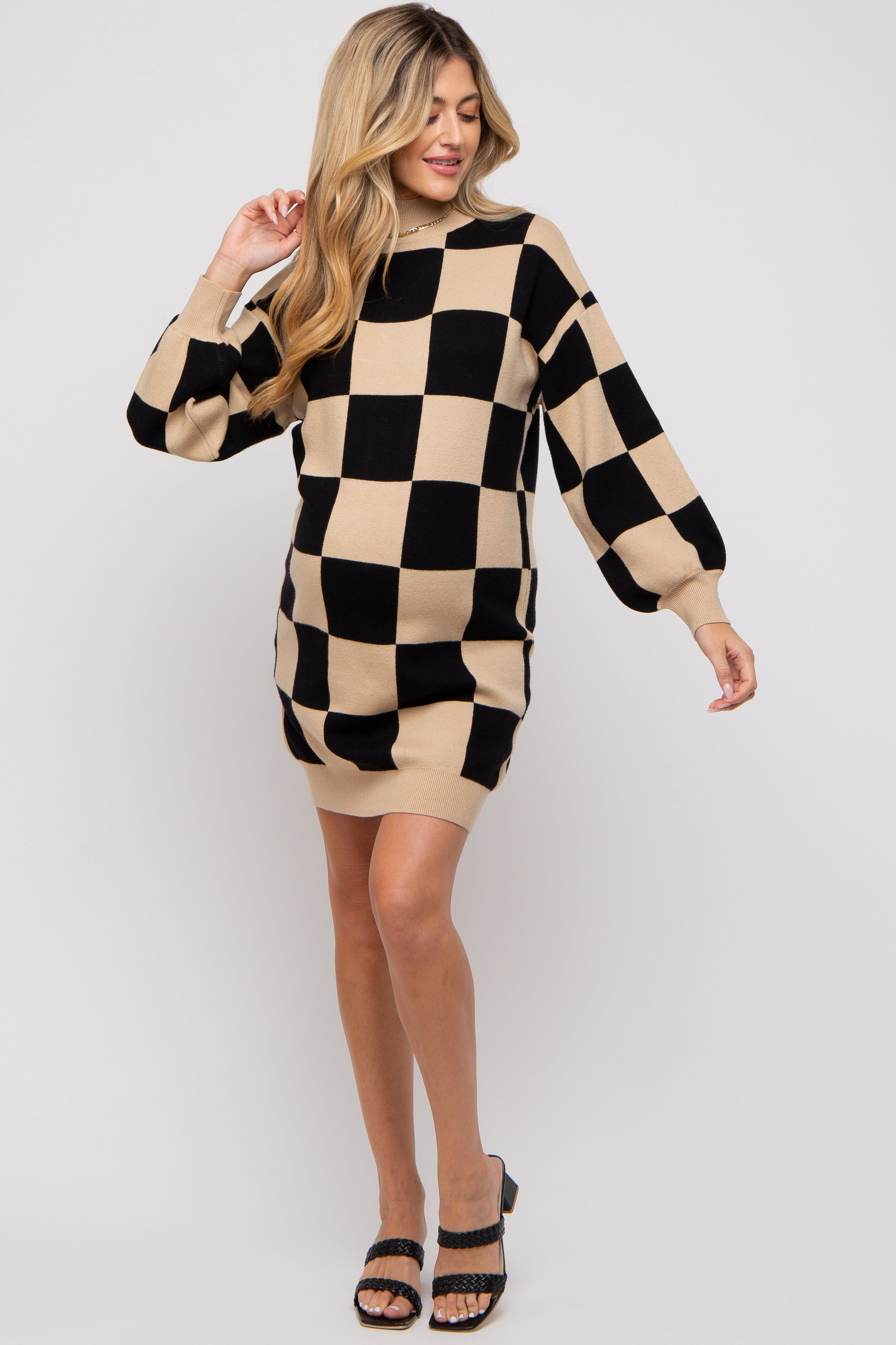 Black Checkered Knit Maternity Sweater Dress sold by Pinkblush product image thumbnail 4