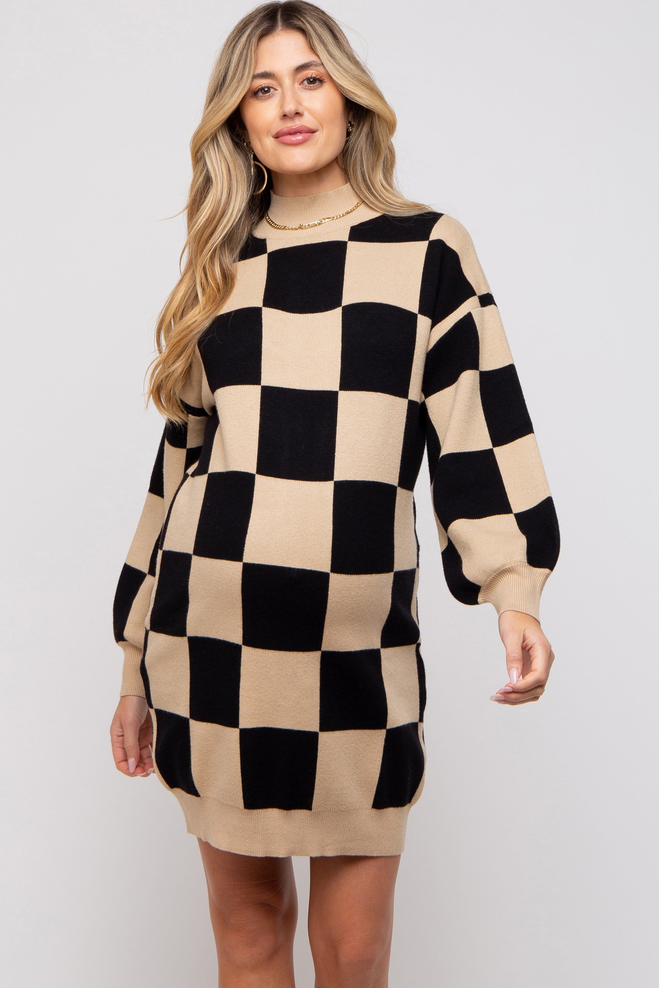 Black Checkered Knit Maternity Sweater Dress sold by Pinkblush