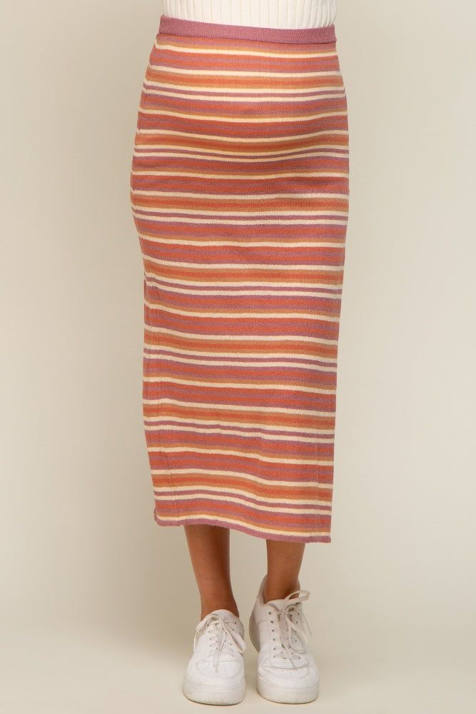 Mauve Striped Knit Side Slit Maternity Midi Skirt sold by Pinkblush product image thumbnail 2