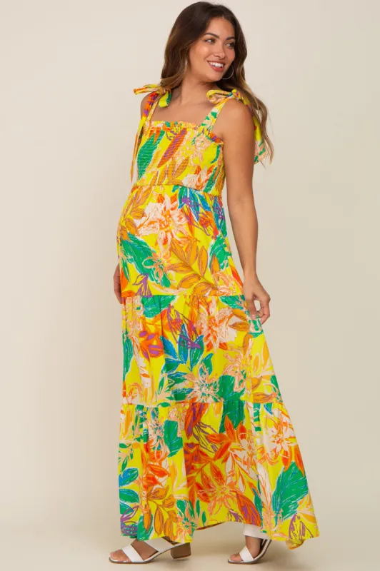 Yellow Tropical Print Smocked Tie Sleeve Maternity Maxi Dress sold by Pinkblush