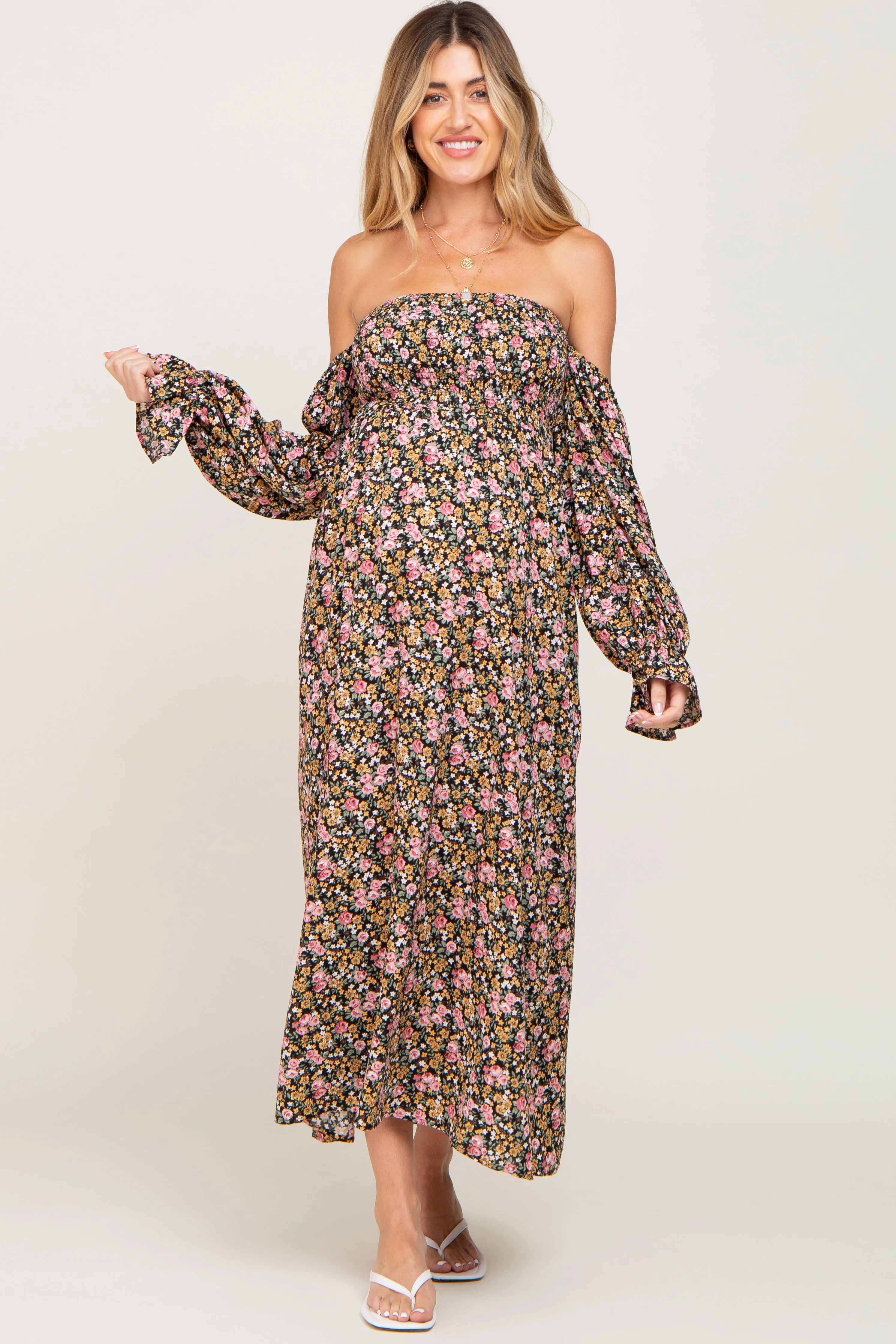 Black Floral Off Shoulder Long Sleeve Maternity Maxi Dress sold by Pinkblush