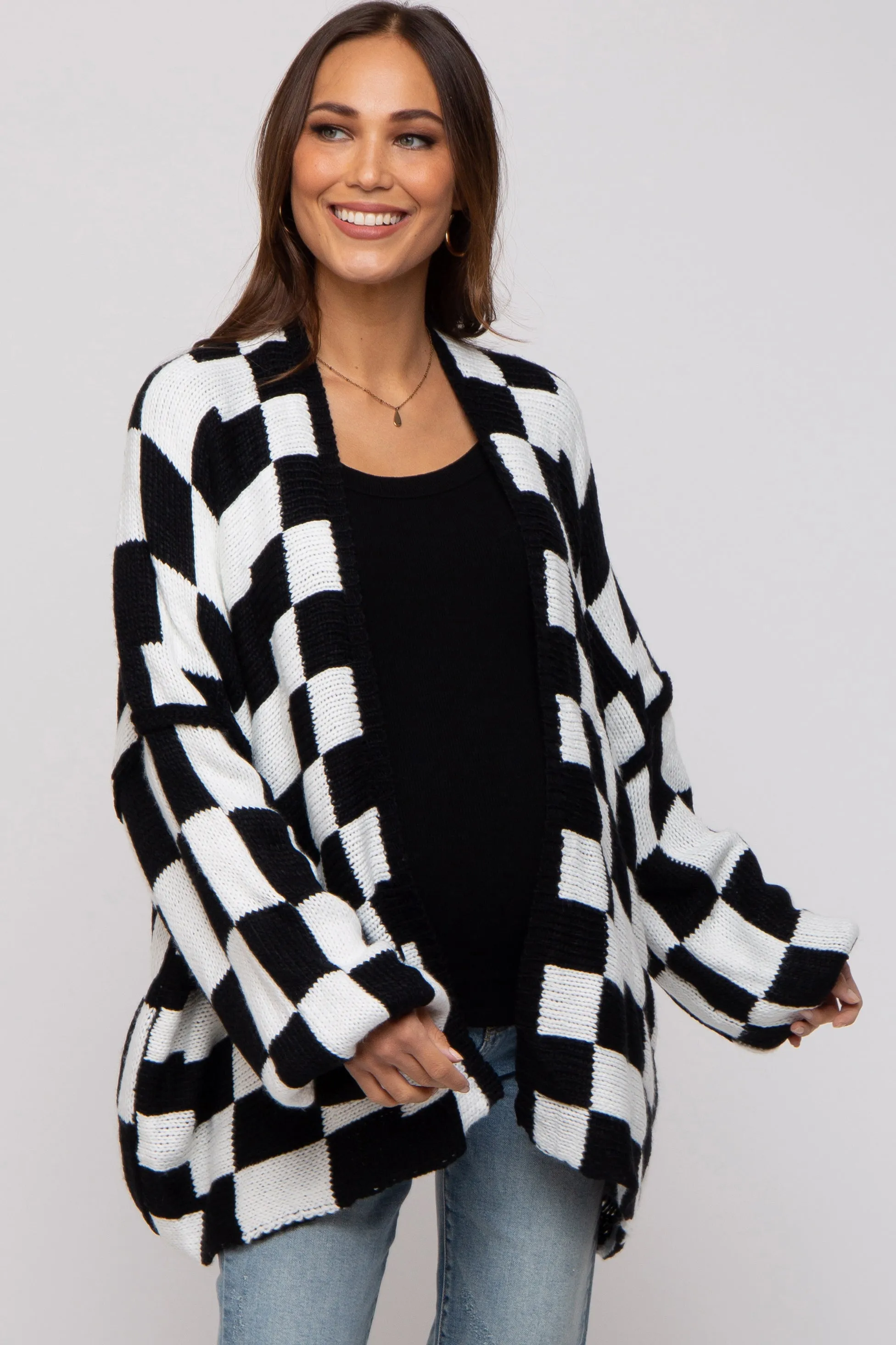 Black Checkered Print Oversized Maternity Cardigan sold by Pinkblush