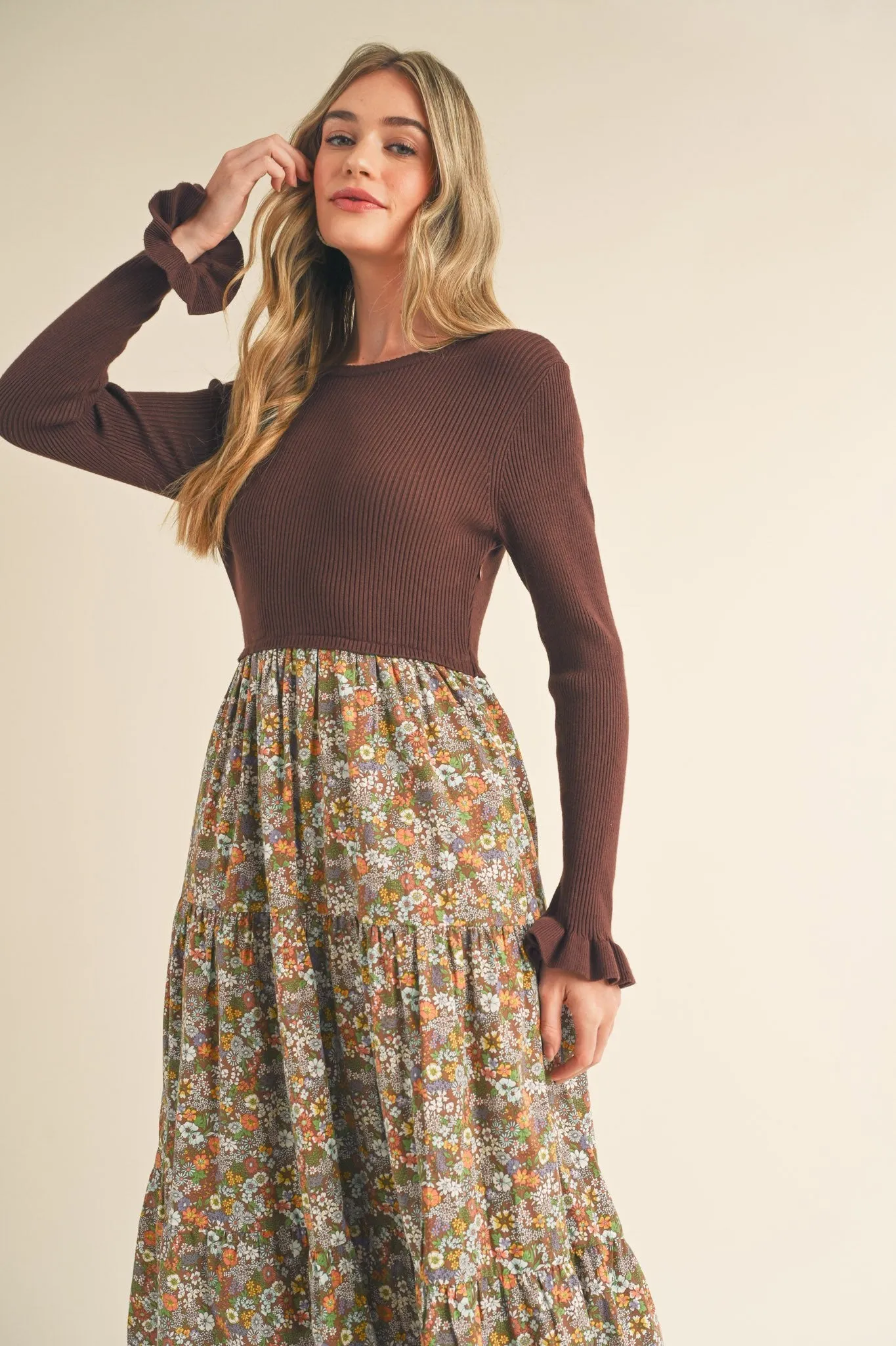 Mocha Floral Knit Midi Dress With Contrast Woven Skirt sold by Pinkblush product image thumbnail 5