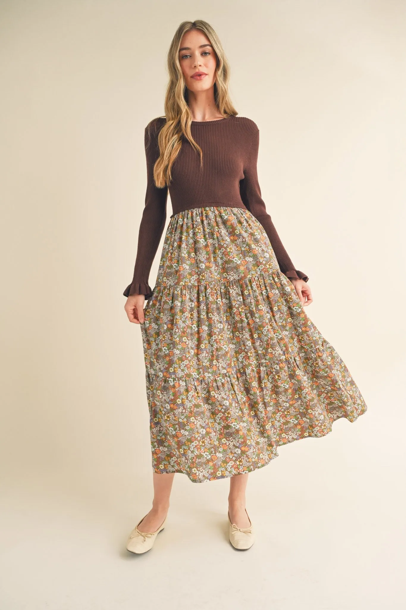 Mocha Floral Knit Midi Dress With Contrast Woven Skirt sold by Pinkblush product image thumbnail 2
