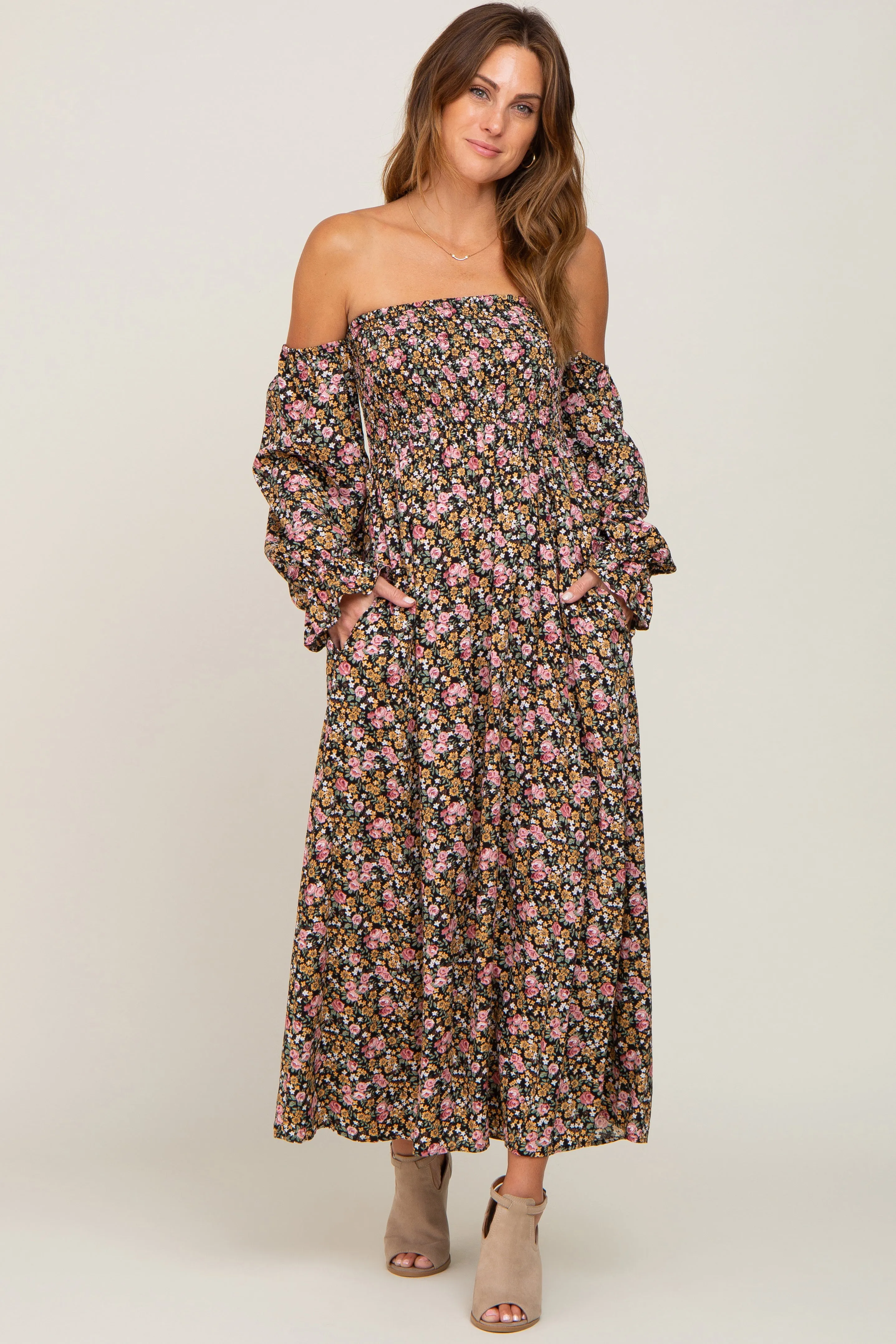 Black Floral Off Shoulder Long Sleeve Maternity Maxi Dress sold by Pinkblush product image thumbnail 5