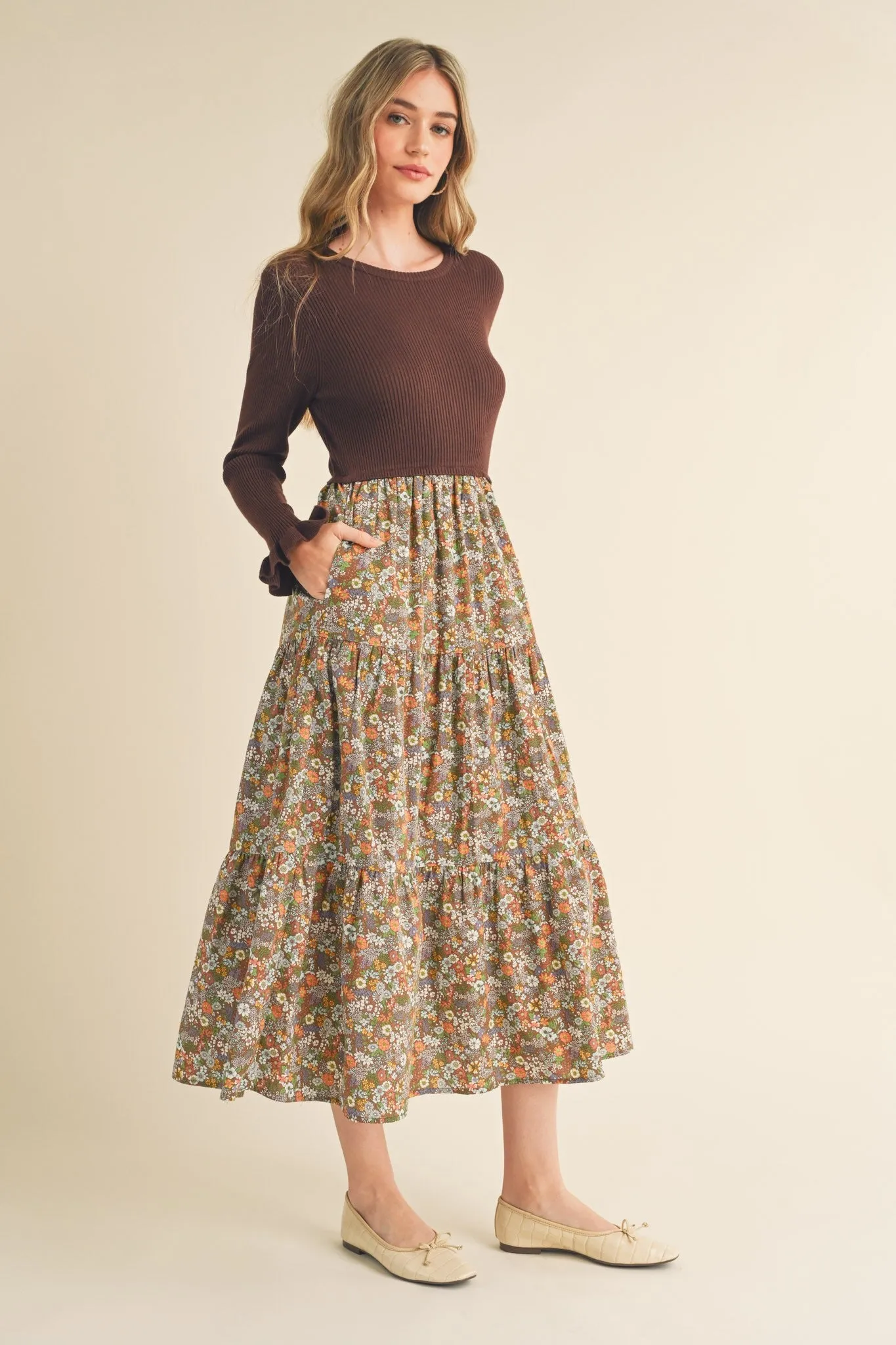 Mocha Floral Knit Midi Dress With Contrast Woven Skirt sold by Pinkblush product image thumbnail 3