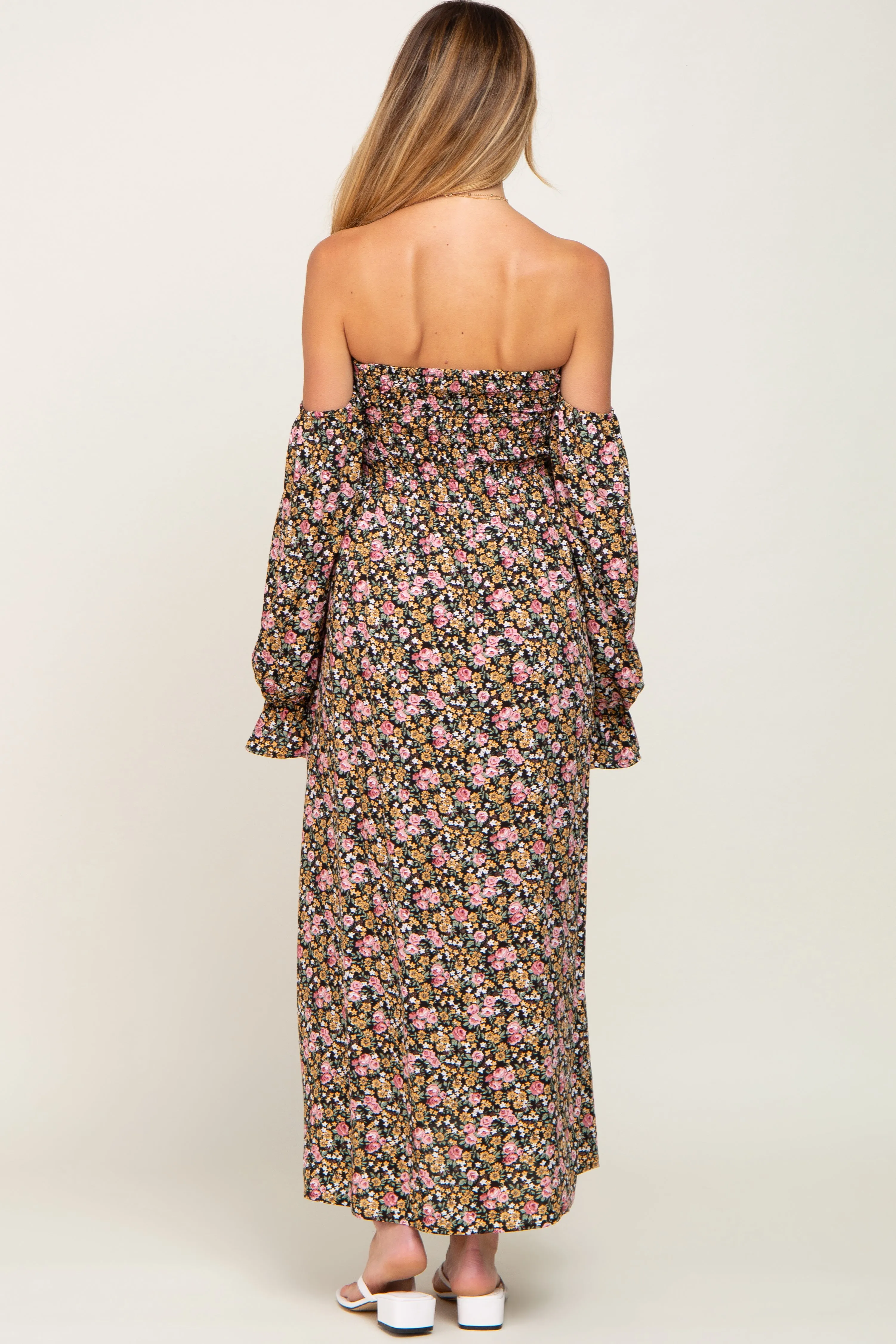 Black Floral Off Shoulder Long Sleeve Maternity Maxi Dress sold by Pinkblush product image thumbnail 3