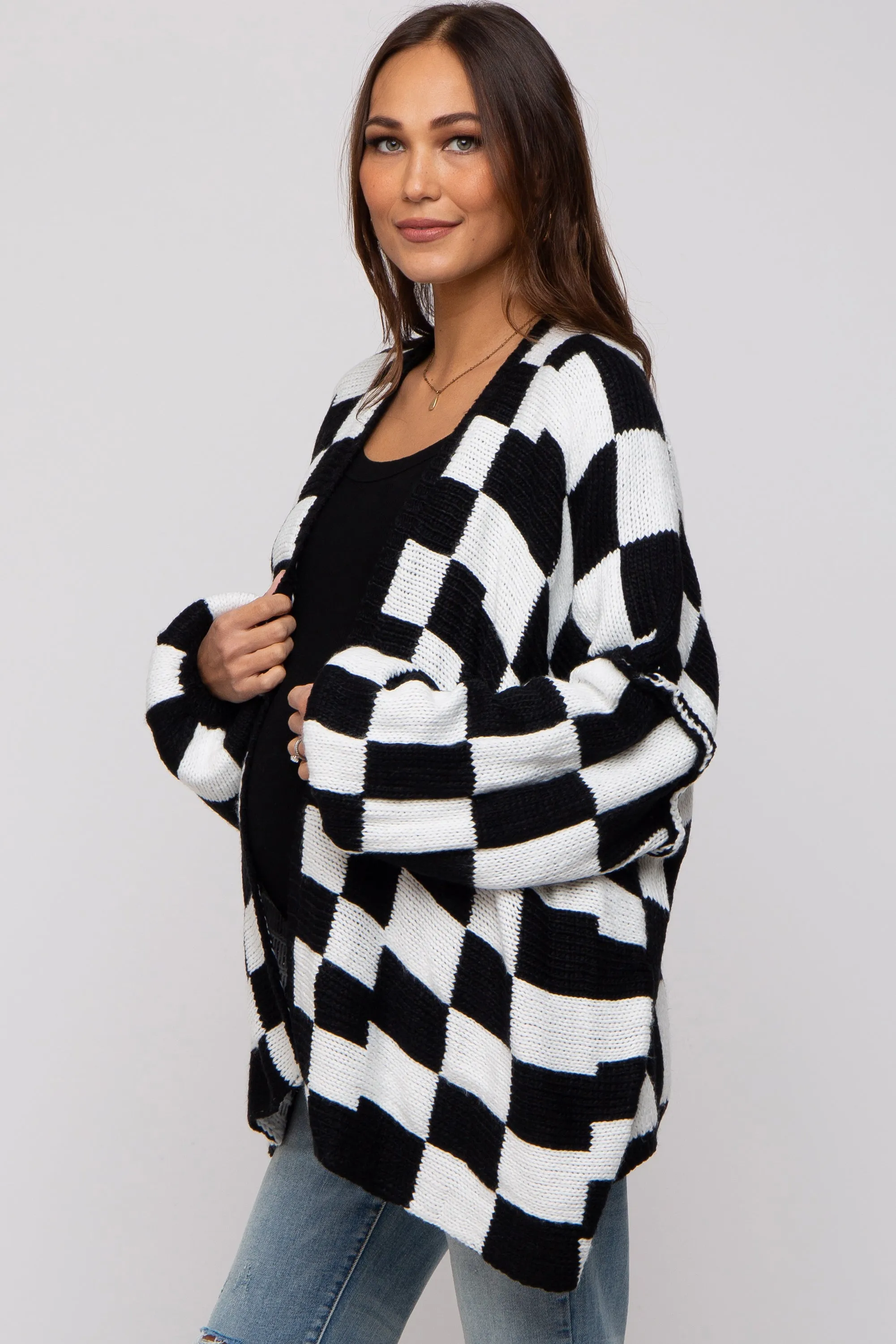 Black Checkered Print Oversized Maternity Cardigan sold by Pinkblush product image thumbnail 3
