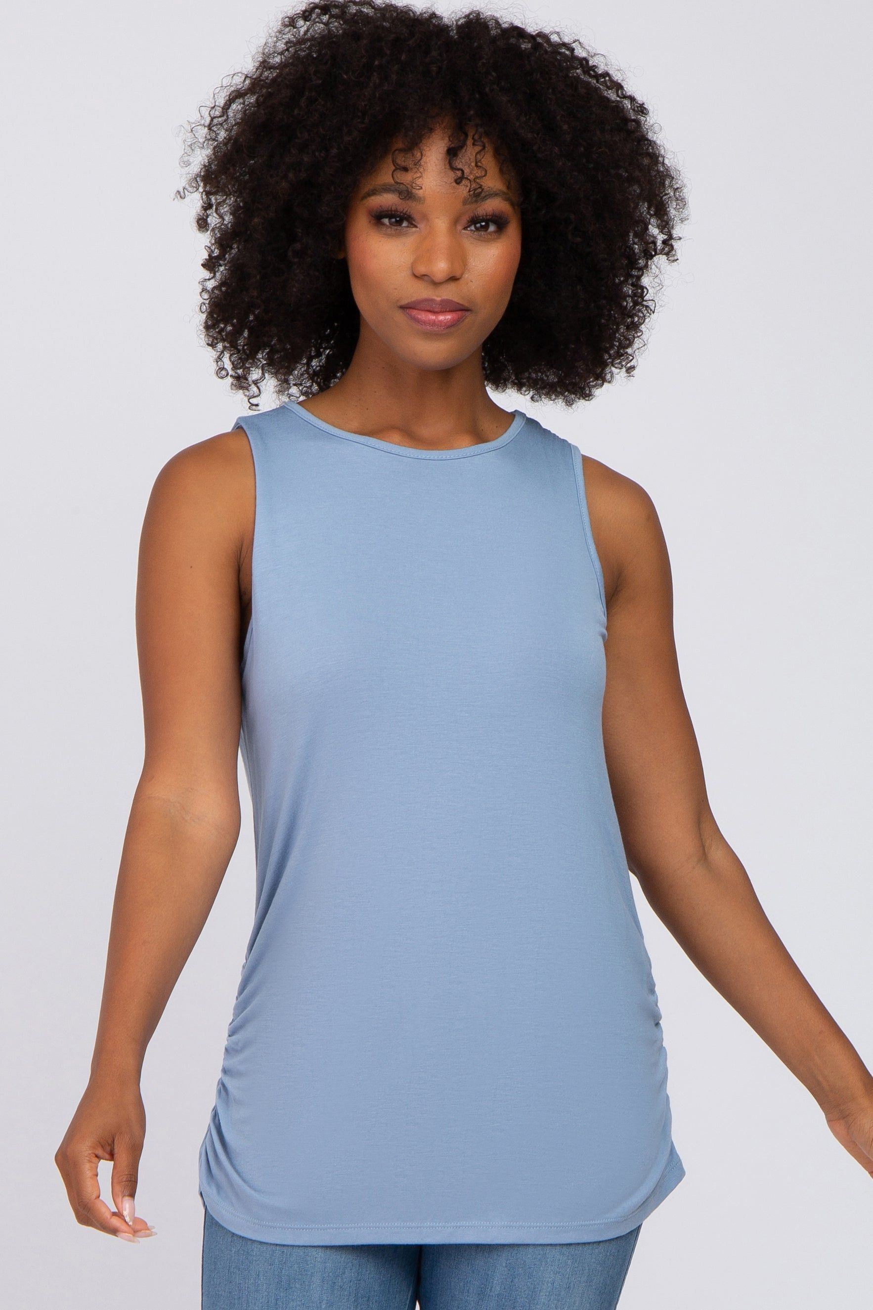 Blue Sleeveless Ruched Top sold by Pinkblush