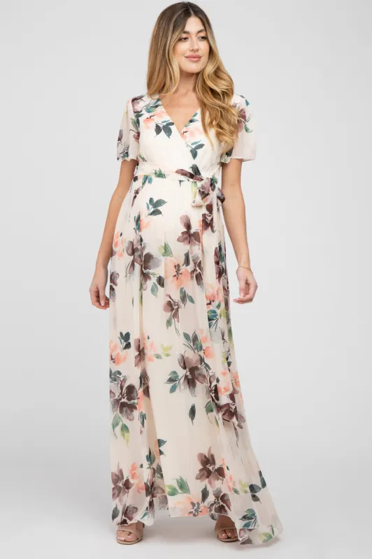 Cream Floral Chiffon Wrap Front Short Sleeve Maternity Maxi Dress sold by Pinkblush