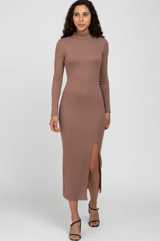 Mocha Ribbed Mock Neck Side Slit Maxi Dress sold by Pinkblush