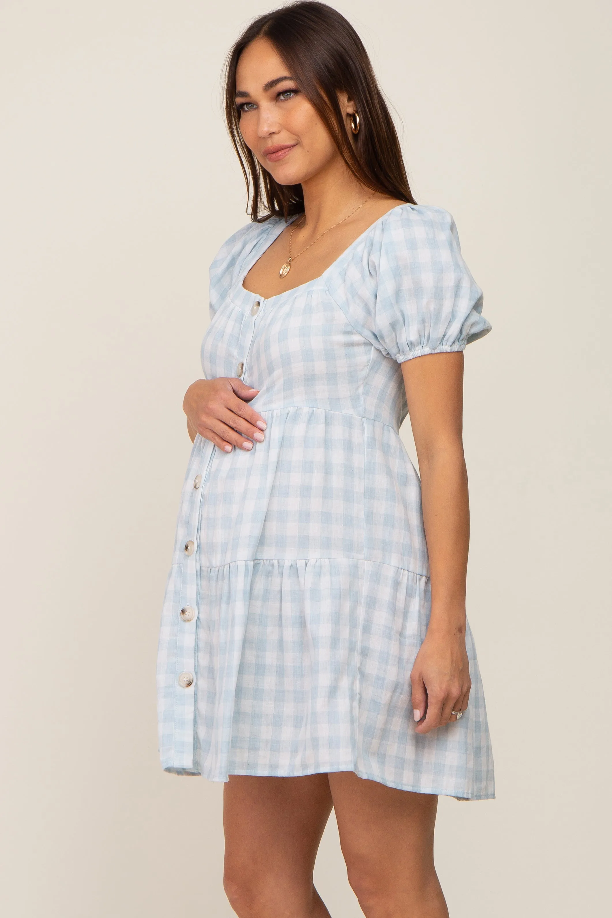 Light Blue Gingham Square Neck Button Front Maternity Dress sold by Pinkblush product image thumbnail 2