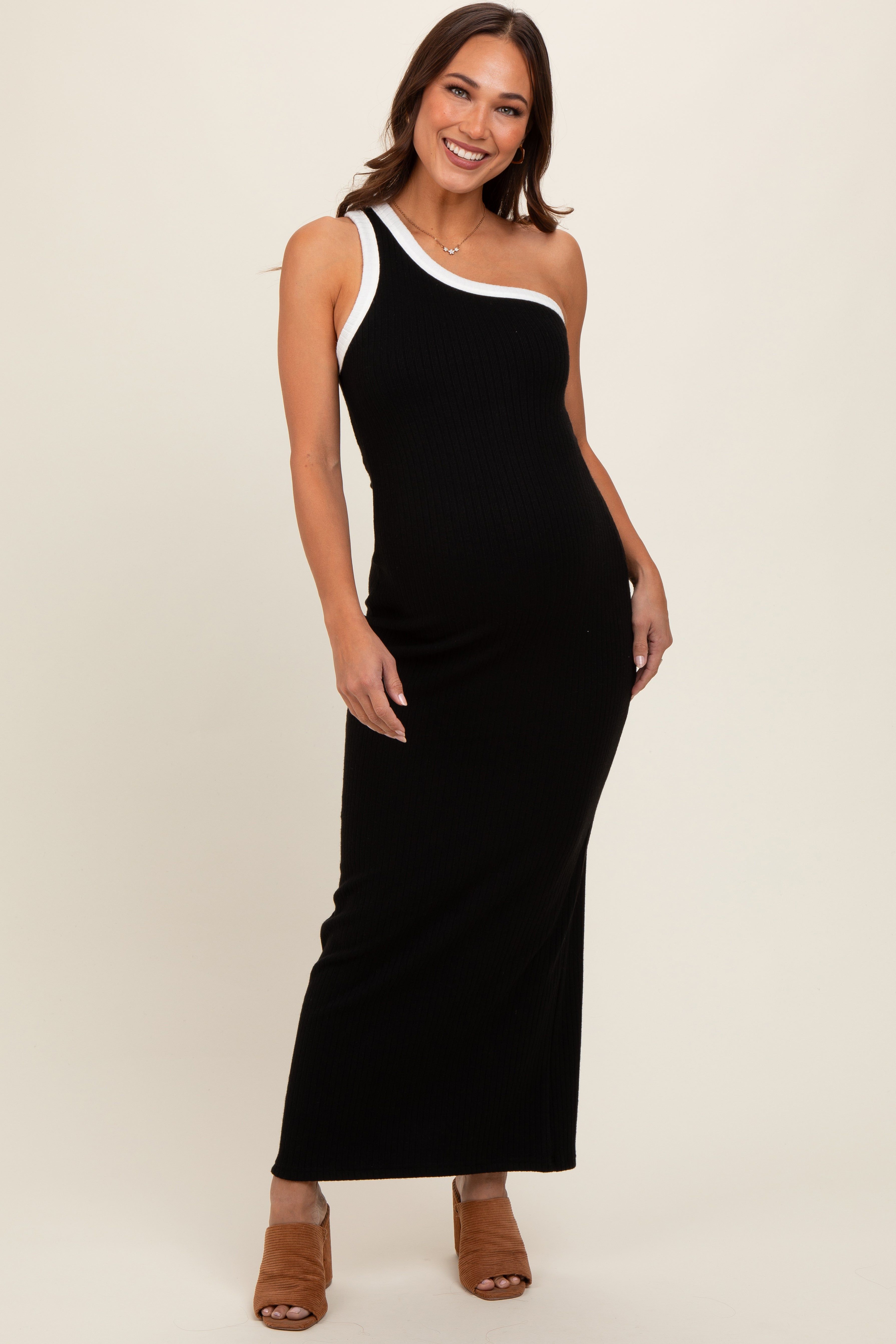 Black Contrast One Shoulder Maternity Maxi Dress sold by Pinkblush