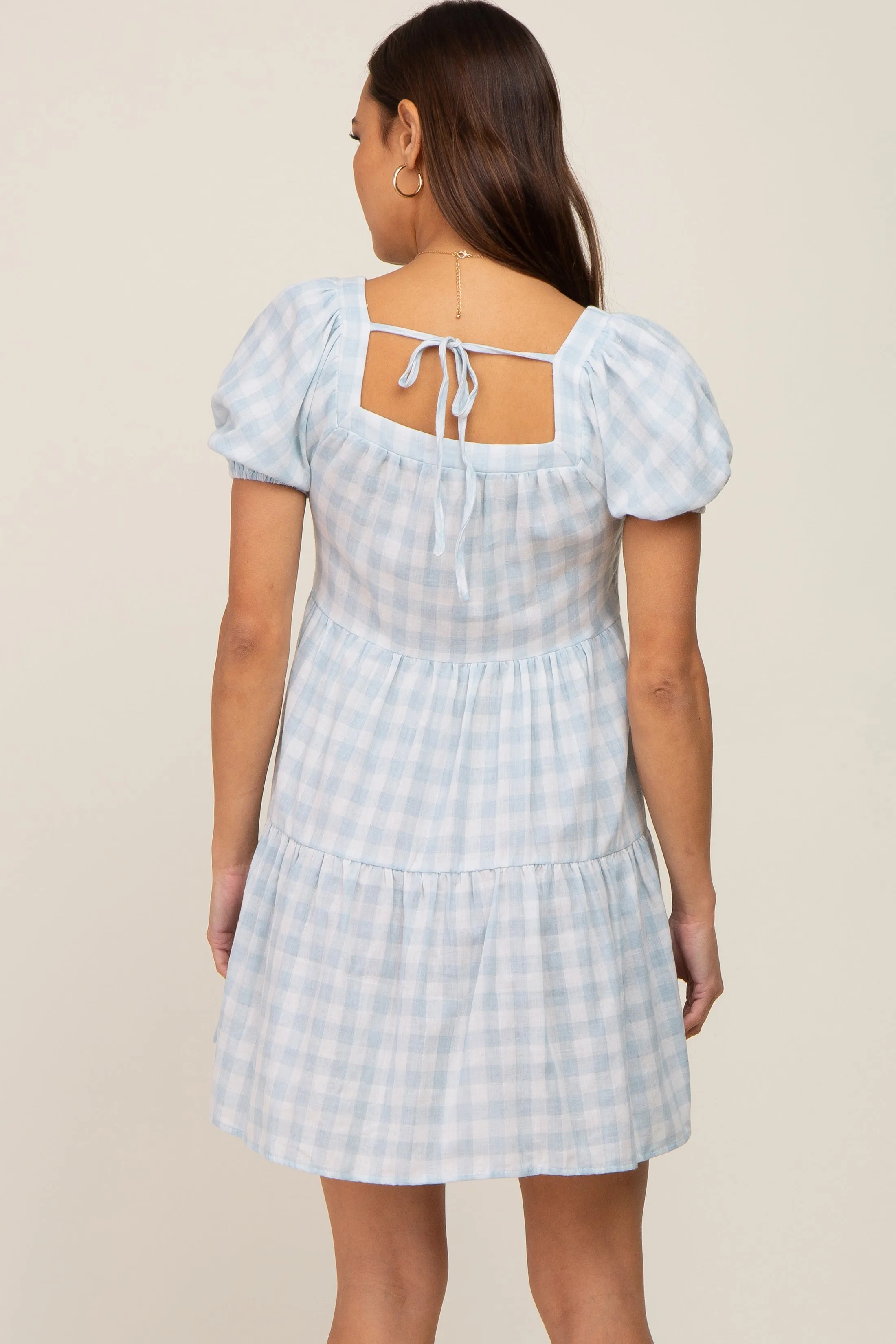 Light Blue Gingham Square Neck Button Front Maternity Dress sold by Pinkblush product image thumbnail 3
