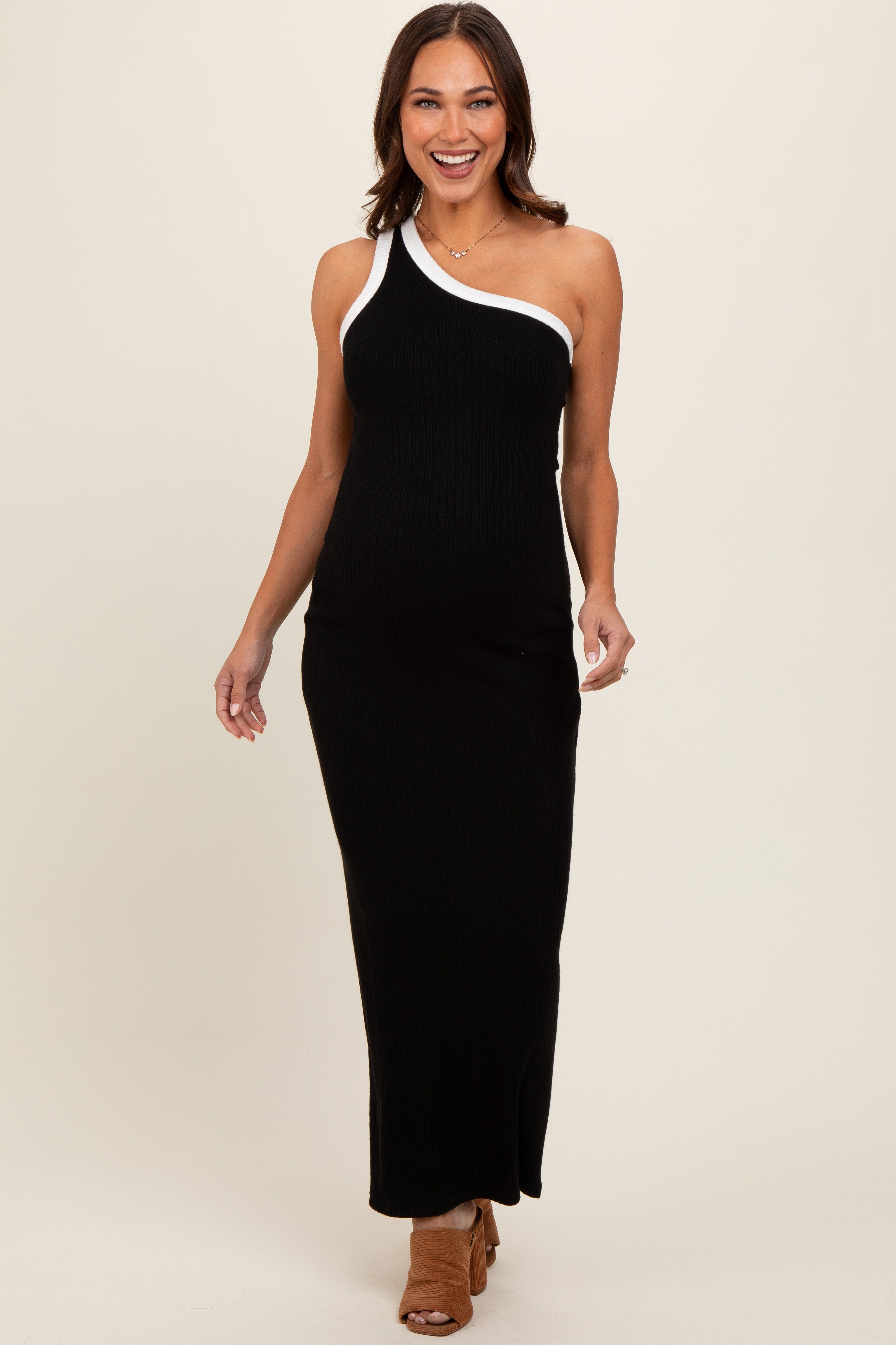 Black Contrast One Shoulder Maternity Maxi Dress sold by Pinkblush product image thumbnail 2