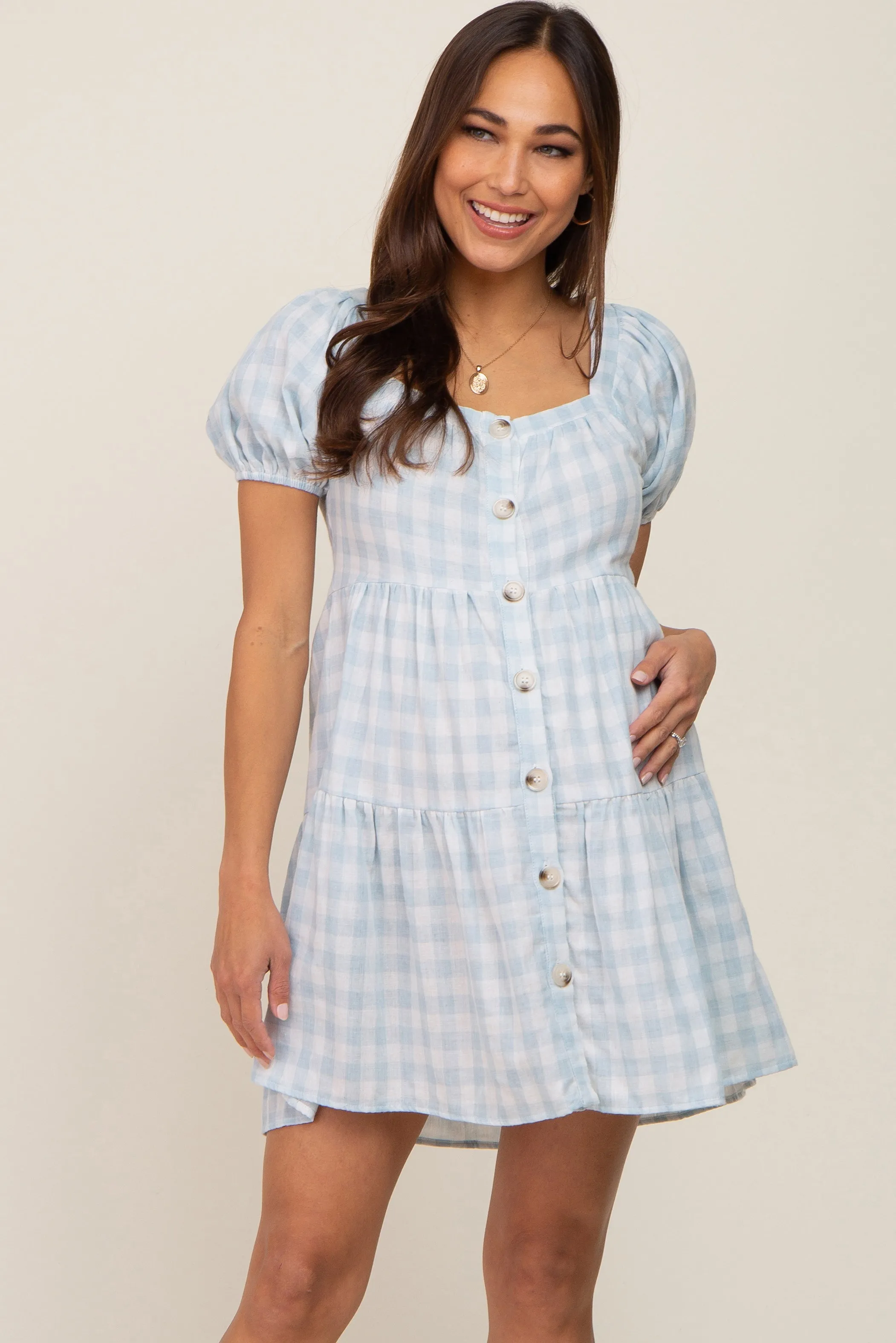 Light Blue Gingham Square Neck Button Front Maternity Dress sold by Pinkblush
