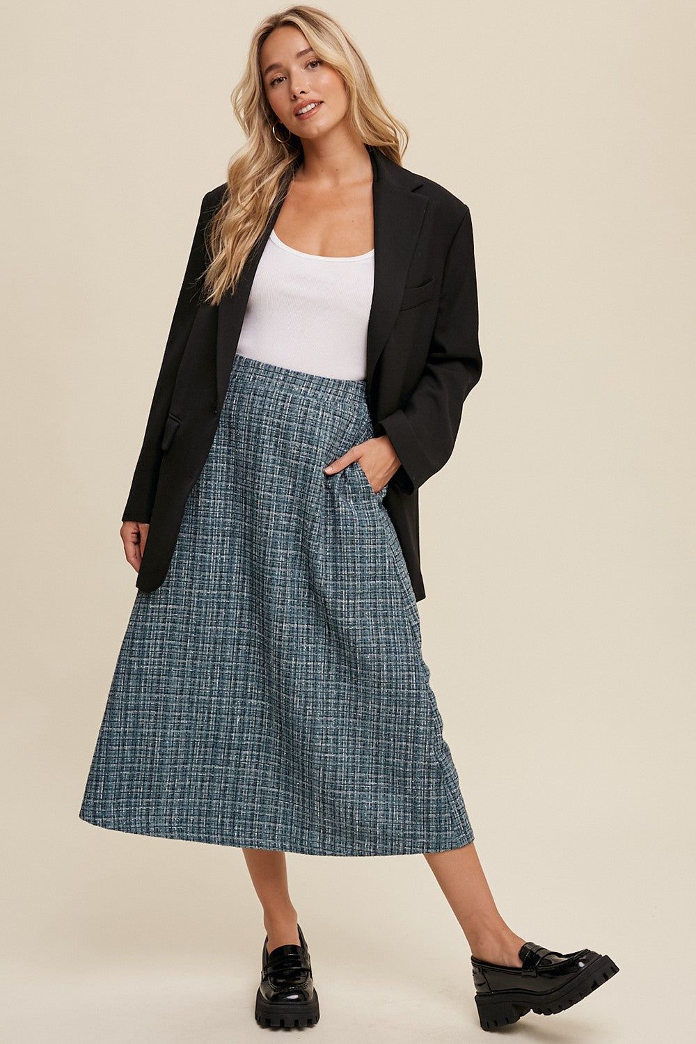 Green Plaid Tweed A-Line Maxi Skirt sold by Pinkblush