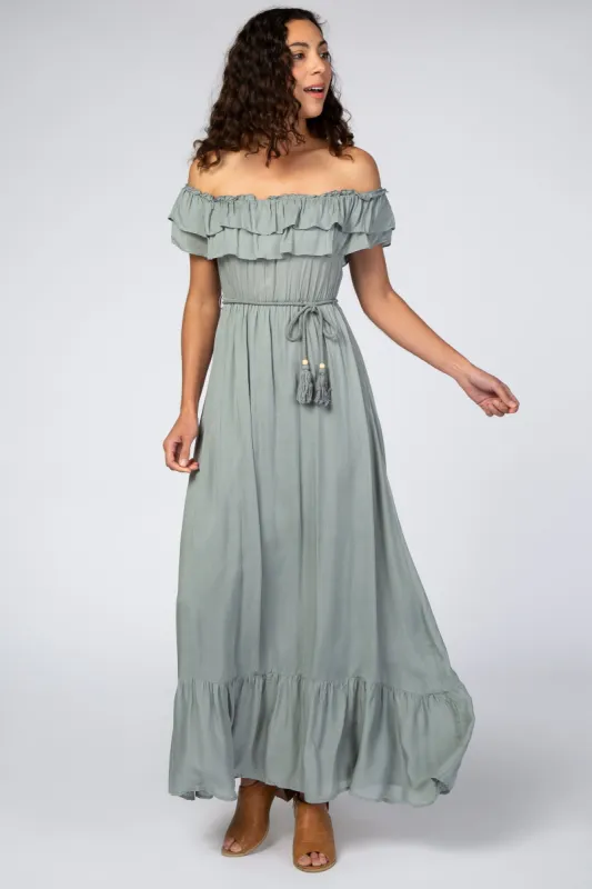 Sage Off Shoulder Tassel Tie Maxi Dress sold by Pinkblush