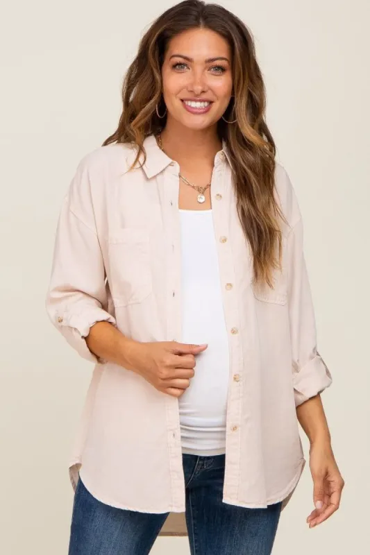 Beige Button Down Maternity Top sold by Pinkblush