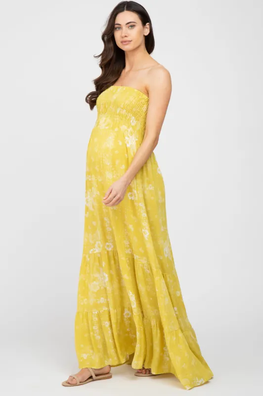 Yellow Floral Paisley Smocked Strapless Maternity Maxi Dress sold by Pinkblush