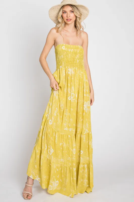 Yellow Floral Paisley Smocked Strapless Maxi Dress sold by Pinkblush