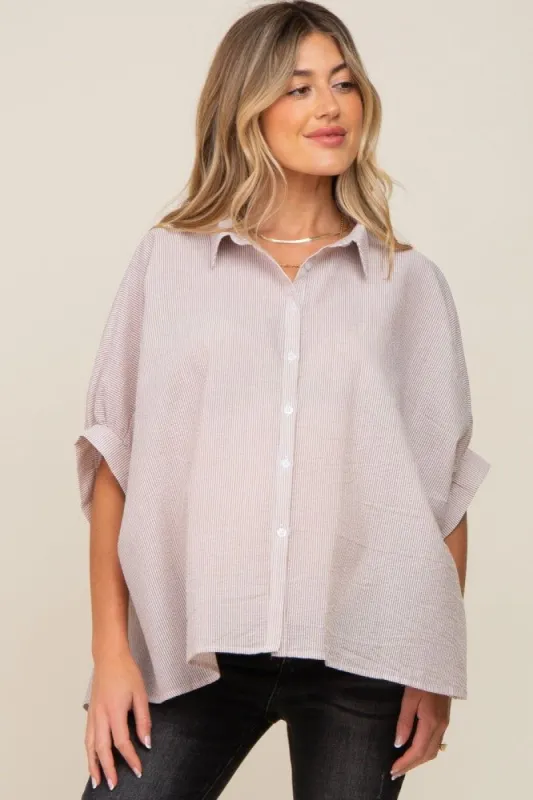 Taupe Striped Button-Down Dolman Short Sleeve Maternity Top sold by Pinkblush