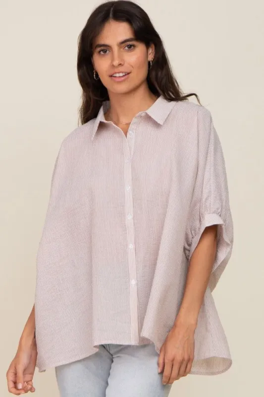 Taupe Striped Button-Down Dolman Short Sleeve Top sold by Pinkblush