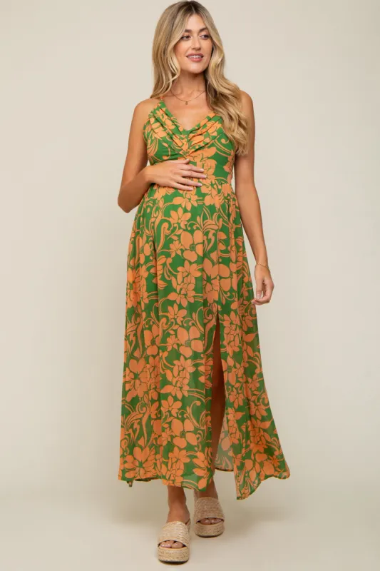 Green Floral Chiffon Pleated V-Neck Sleeveless Maternity Maxi Dress sold by Pinkblush