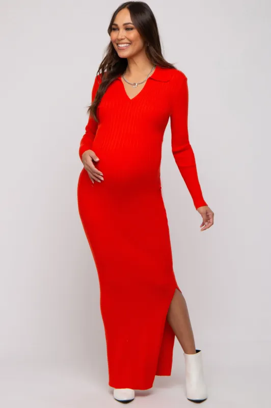 Red Orange Rib Knit Collared Maternity Maxi Dress sold by Pinkblush