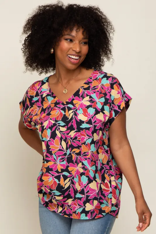 Black Floral V-Neck Short Sleeve Top sold by Pinkblush